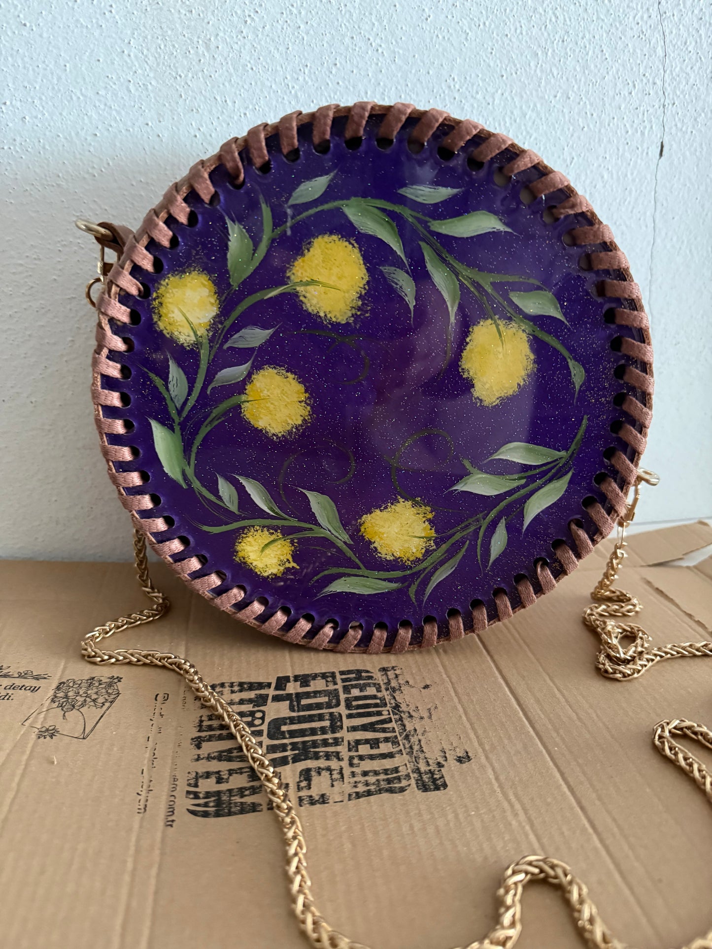 Hakiki deri çiçek desenli epoksi çanta