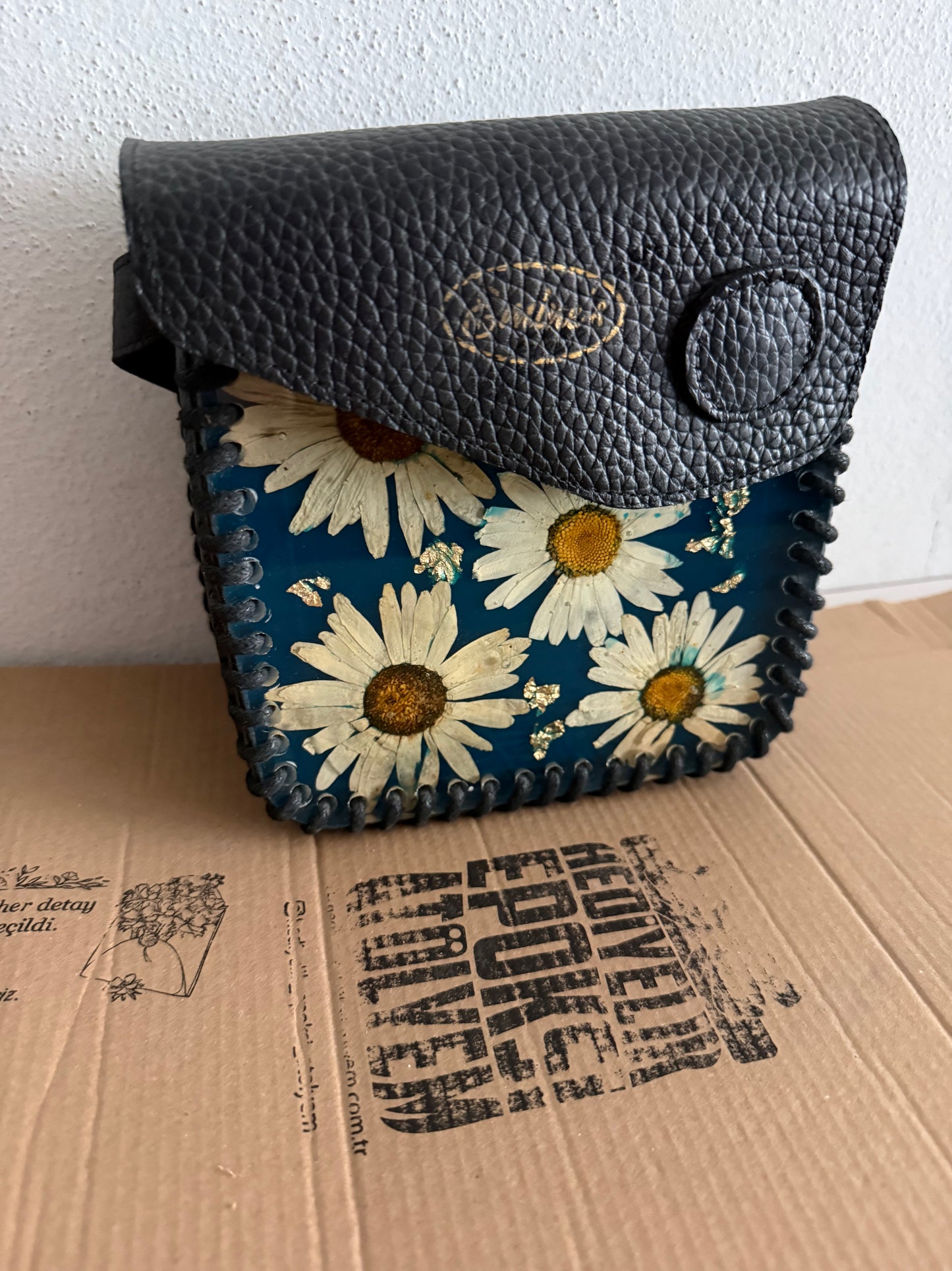 Papatyalı hakiki deri Epoksi çanta