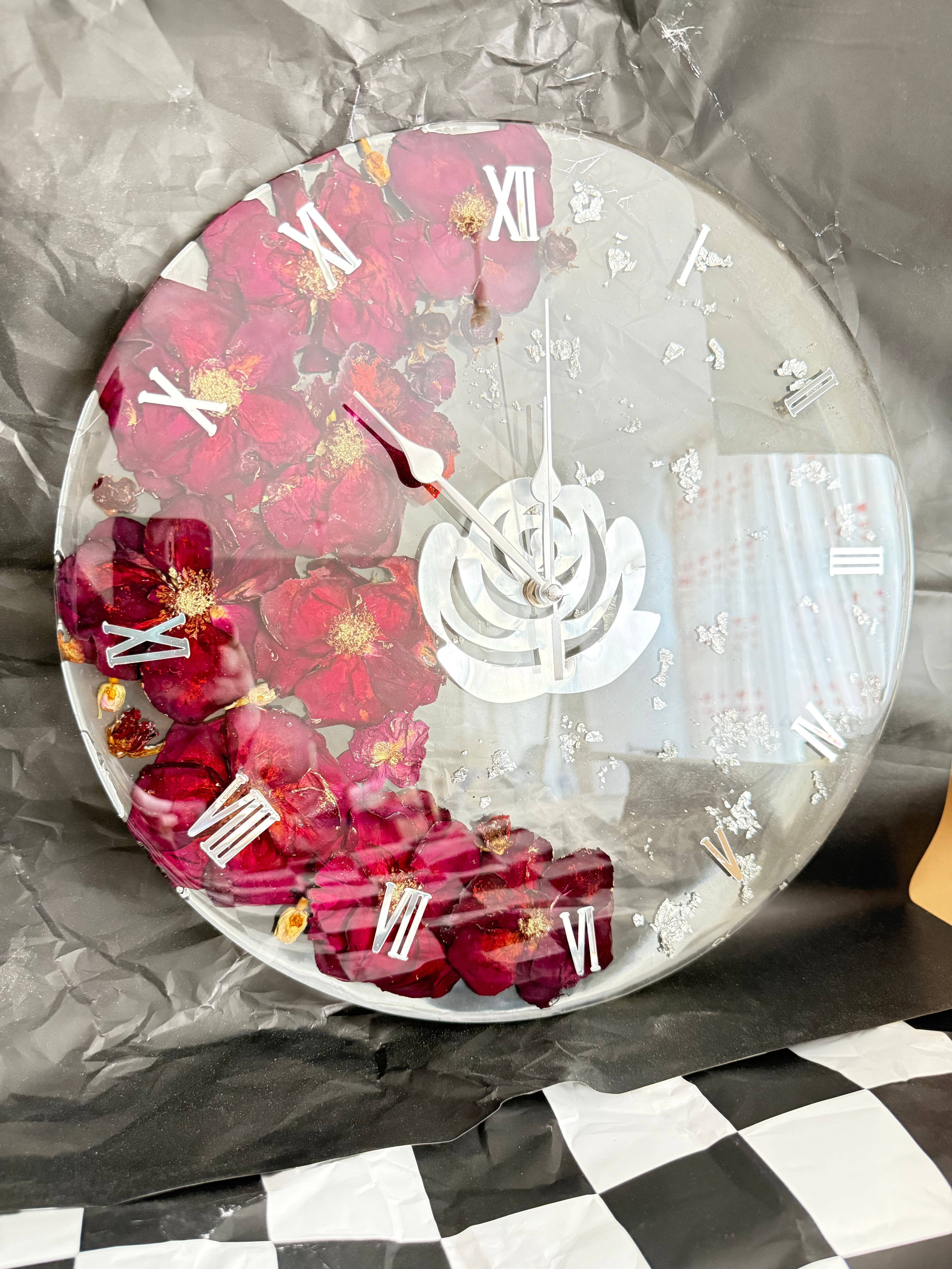 Handmade Resin Wall Clock with Real Roses | One-of-a-Kind Design