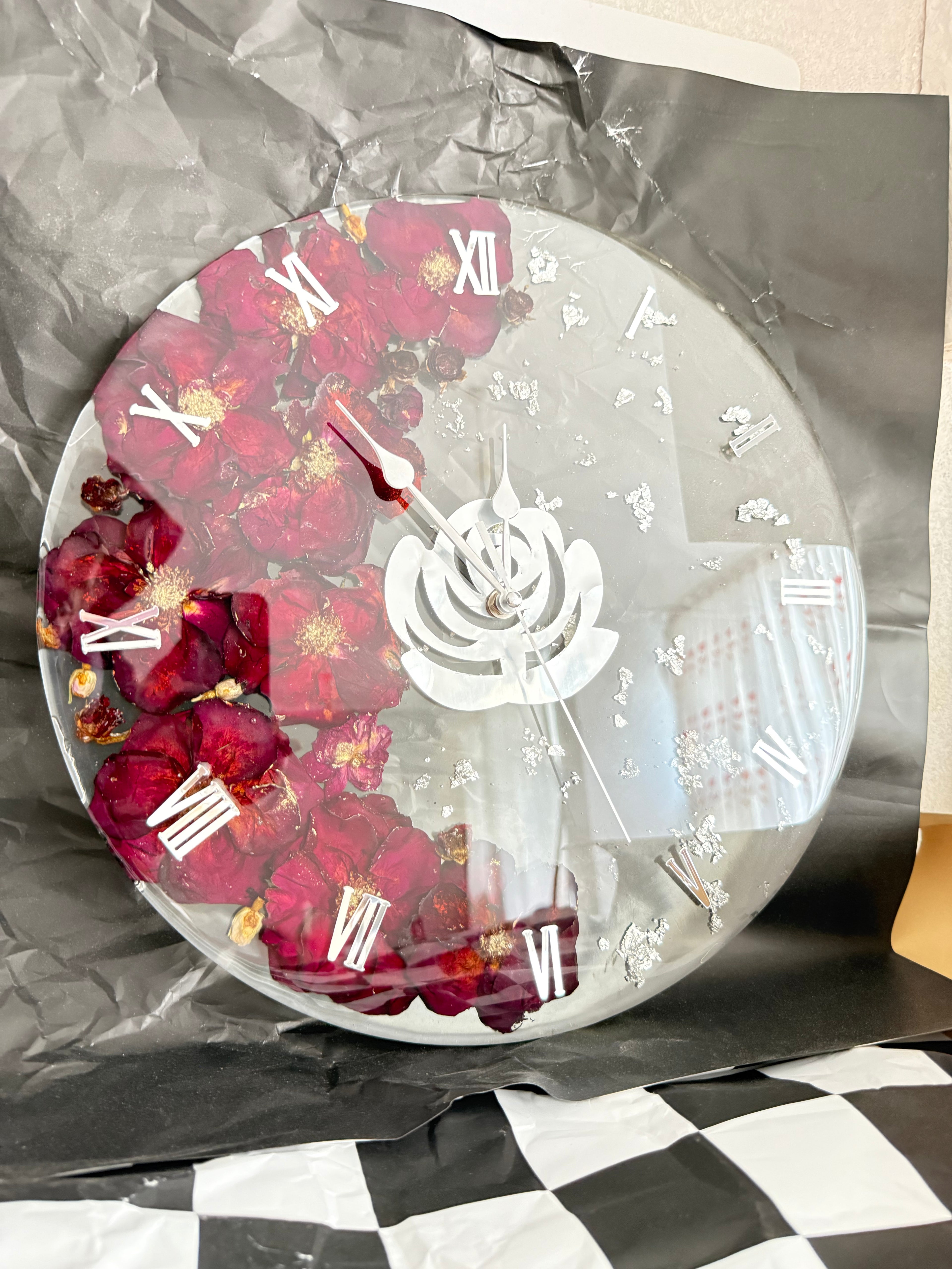 Handmade Resin Wall Clock with Real Roses | One-of-a-Kind Design