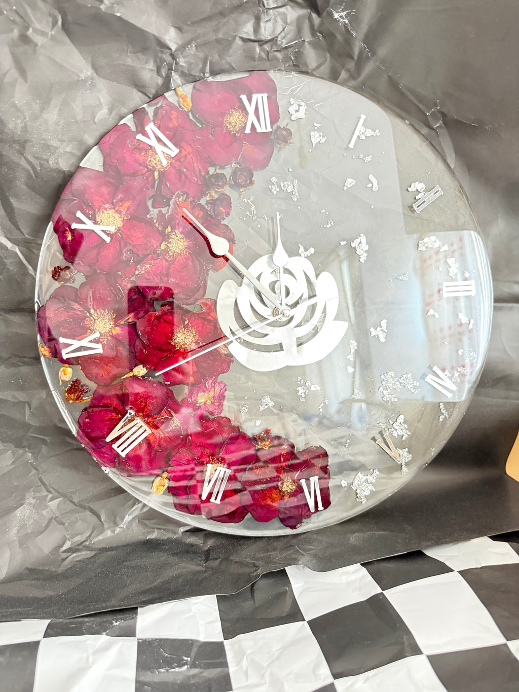 Handmade Resin Wall Clock with Real Roses | One-of-a-Kind Design