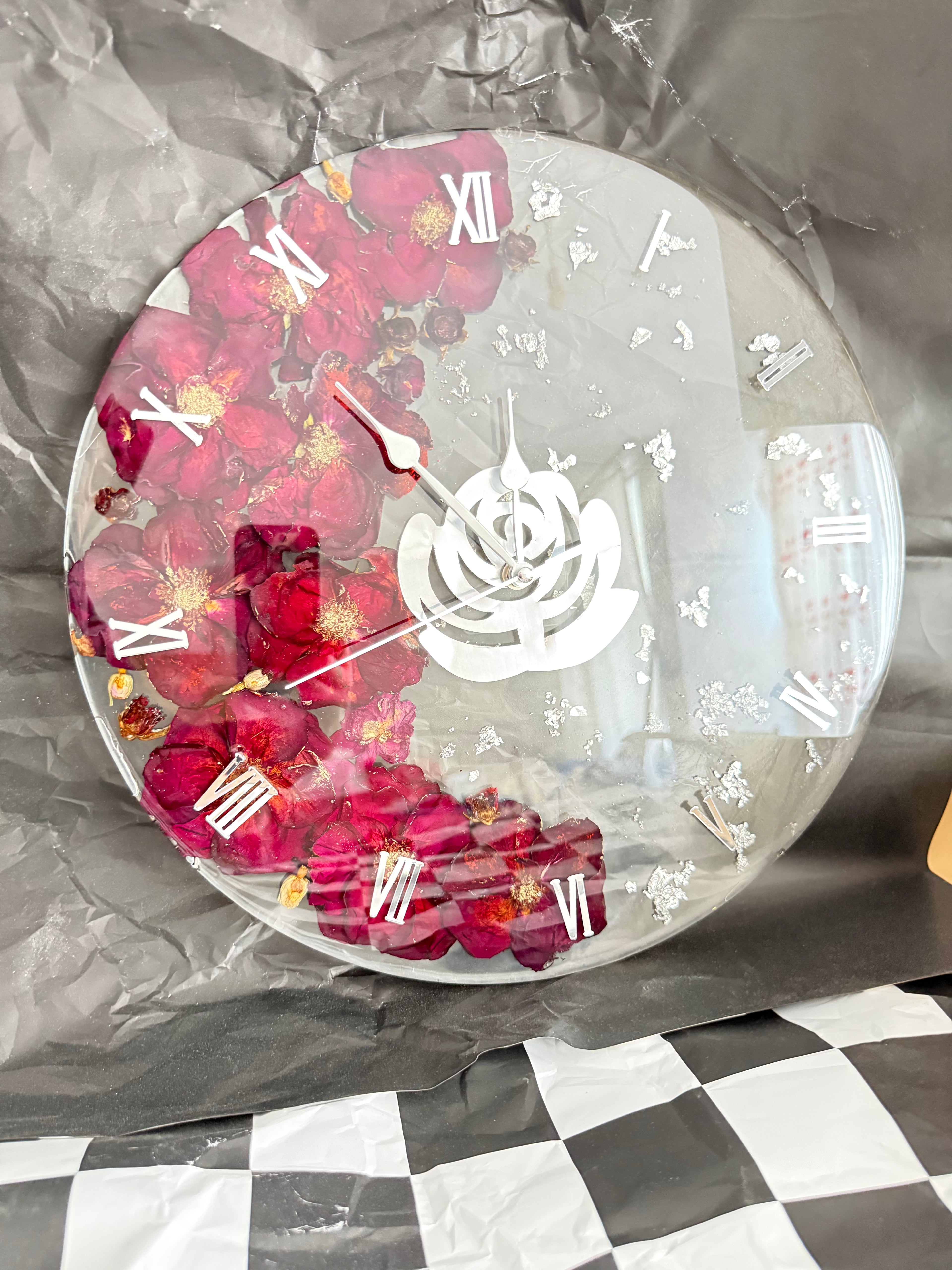 Handmade Resin Wall Clock with Real Roses | One-of-a-Kind Design