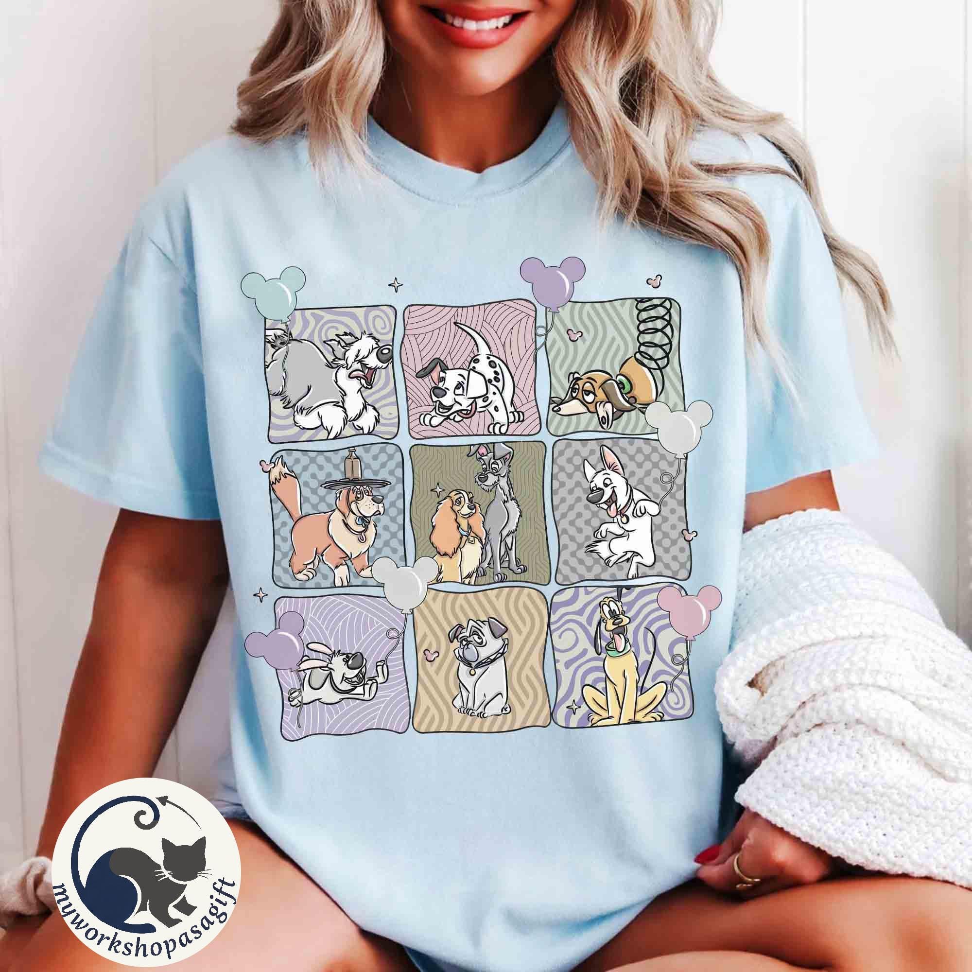Retro Coquette Disney Dog Characters Group Shirt, Lady Tramp Pluto Copper Pongo Nana Bolt Tee, Dog Lover Gifts, Disneyland Family Vacation