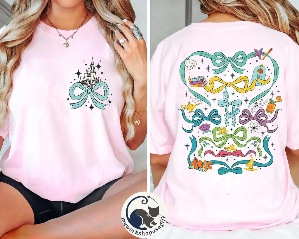 2-Sided Coquette Bows Disney Princess Movie Comfort Color Shirt, Cinderela castle Bow Tee, Princess Bow Shirt, Disneyland Girl trip Tee