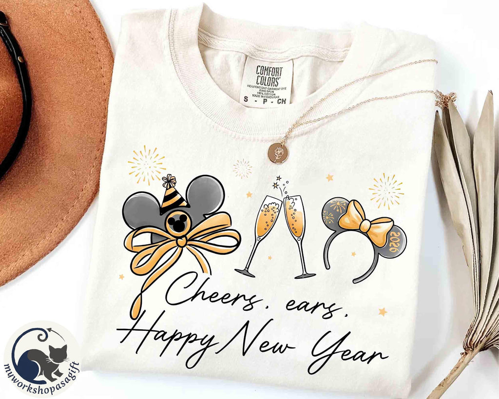 Coquette Bow Disney Mickey Cheer Ears Happy New Year Shirt, Happy New Year Fireworks 2026 Tee, Magic Kingdom Happiest New Year on Earth Gift