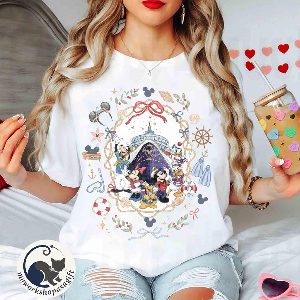 Coquette Bow Watercolor Disney Mickey & Friends Cruise Line Shirs, Disney Wish Treasure Destiny Tee, Disneyland 1st Family Cruise Trip Gift