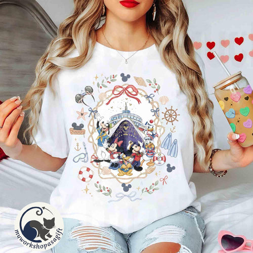 Coquette Bow Watercolor Disney Mickey & Friends Cruise Line Shirs, Disney Wish Treasure Destiny Tee, Disneyland 1st Family Cruise Trip Gift