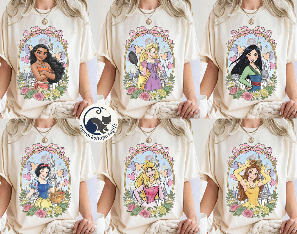 Retro Comfort Colors Coquette Bow Disney Princess Shirts, Cinderella Snow White Ariel Belle Rapunzel Tee, Magic Kingdom Disney Girl Trip Tee