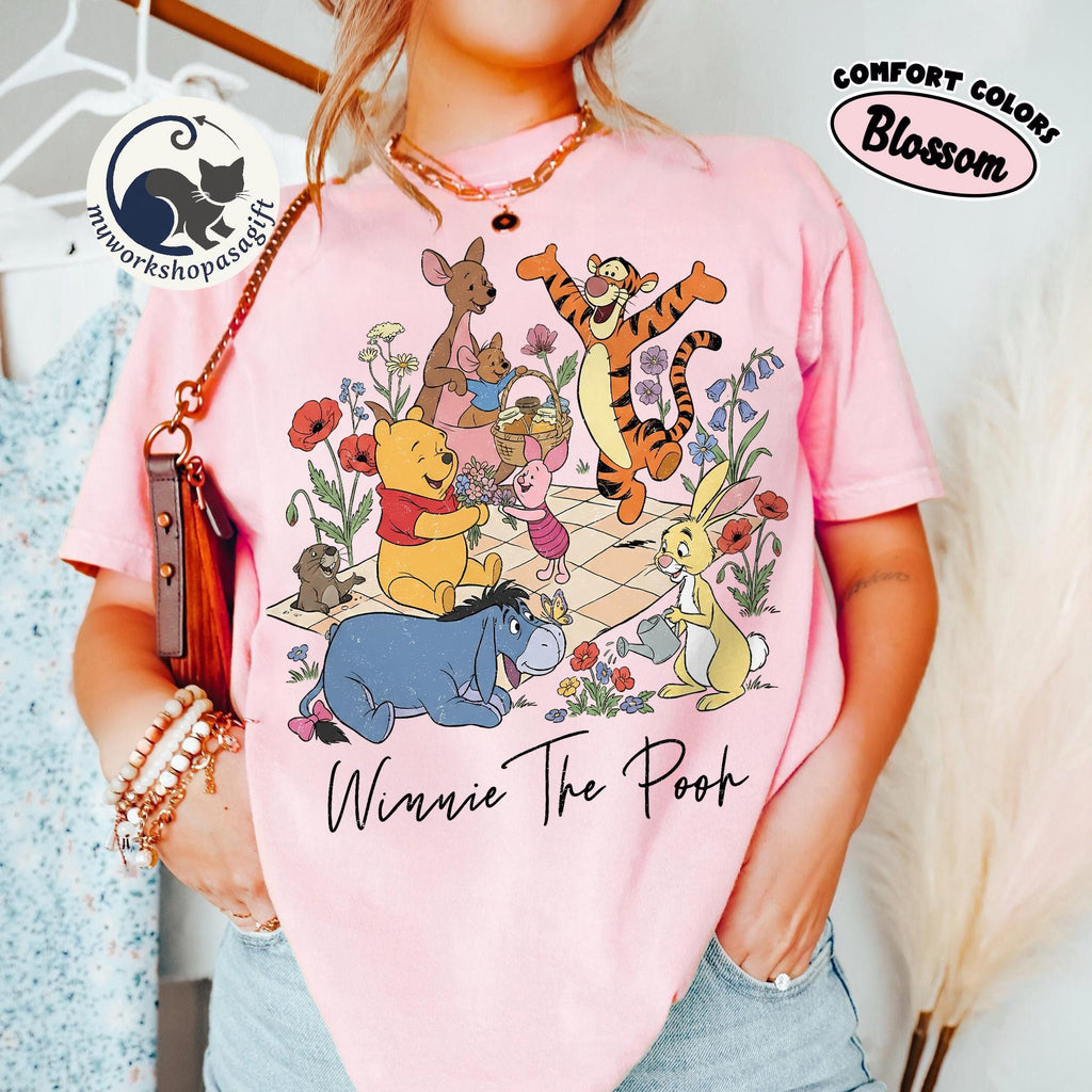 Retro Comfort Colors Coquette Winnie the Pooh & Friends Shirt, Disneyland Pooh Bear Tee, Cute Family Matching Tee, Disney Trip 2026 Shirt