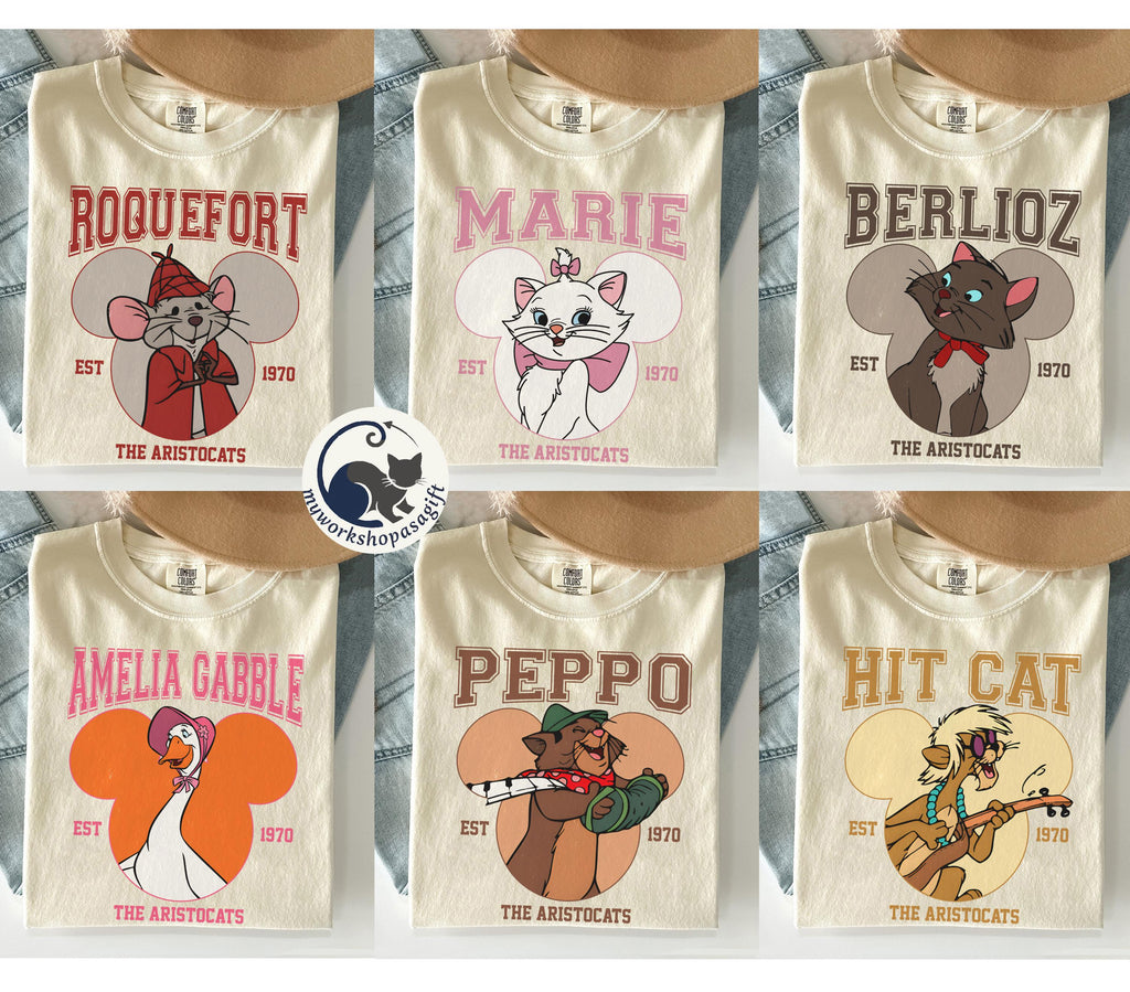 Retro Disney The Aristocats Est 1970 Marie Duchess Berlioz Toulouse Cat Shirt, Disneyland Trip Gift, Matching Family Shirts, Magic Kingdom