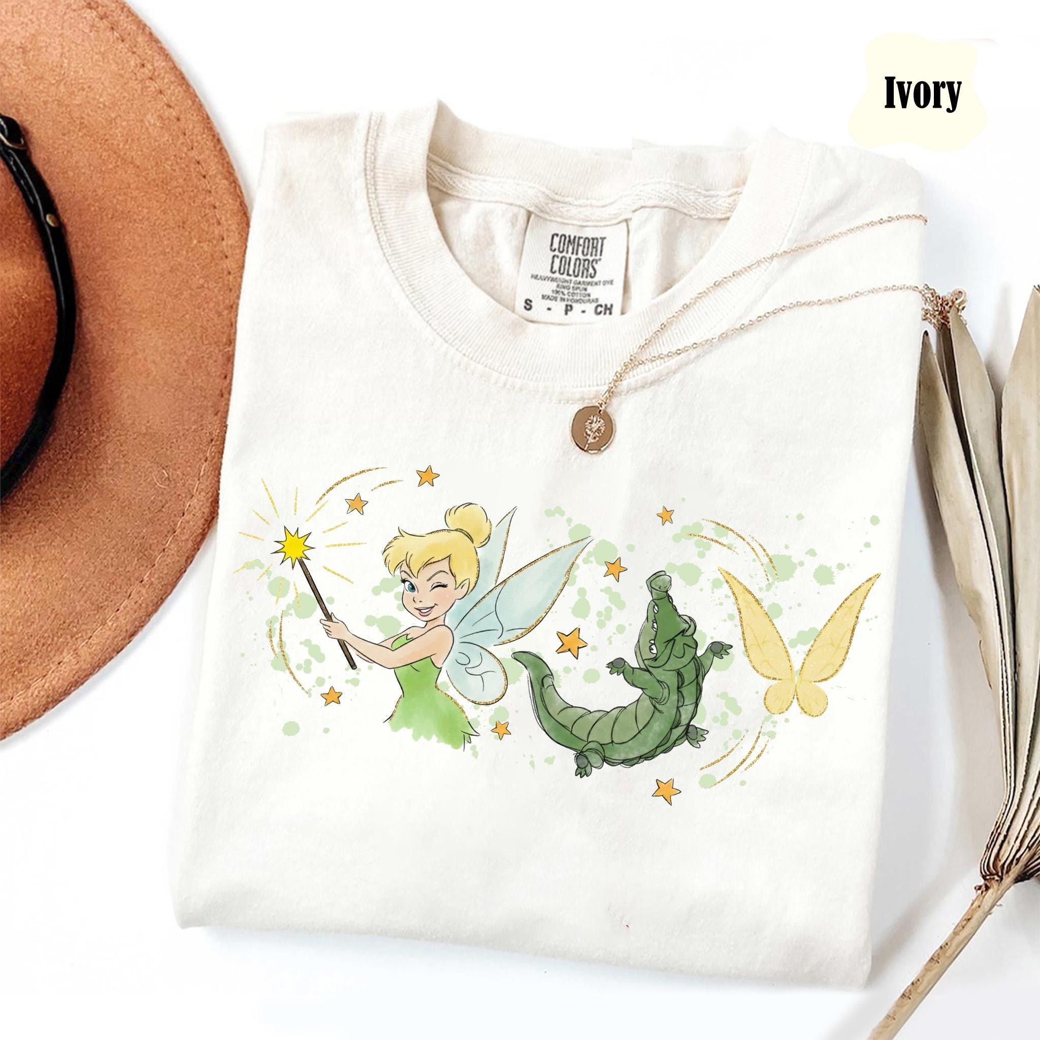 Retro Comfort Colors Watercolor Disney Peter Pan & Tinker Bell Shirt, Vintage Fairy Sketch Tee, Tick Tock Crocodile, Girly Disney Trip Shirt