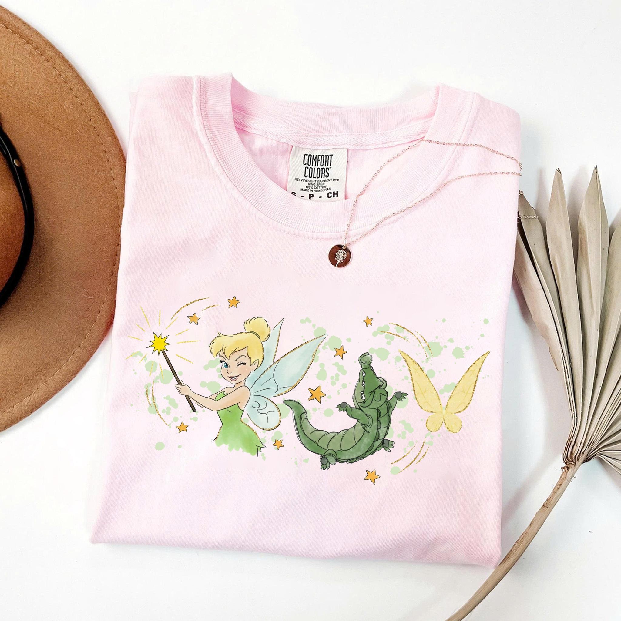 Retro Comfort Colors Watercolor Disney Peter Pan & Tinker Bell Shirt, Vintage Fairy Sketch Tee, Tick Tock Crocodile, Girly Disney Trip Shirt