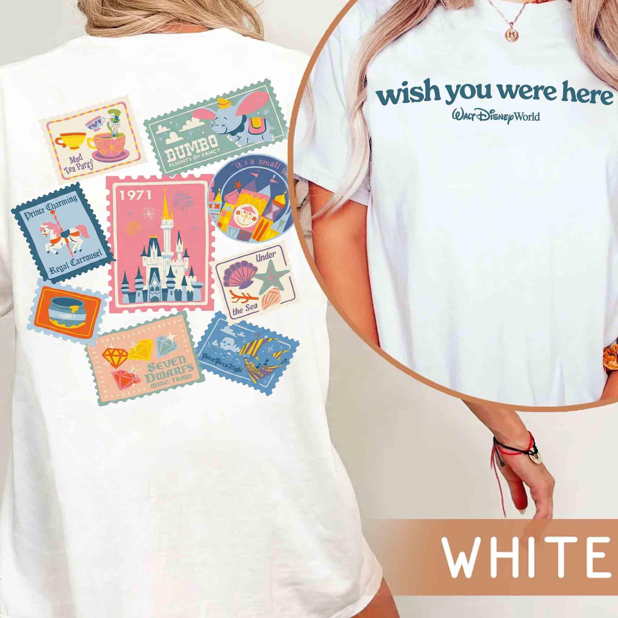 2-Sided Retro Walt Disney World Wish You Were Here Shirt, Dumbo Flight Of Fancy Magic Kingdom Tee, it's a small world shirt, Disney Family