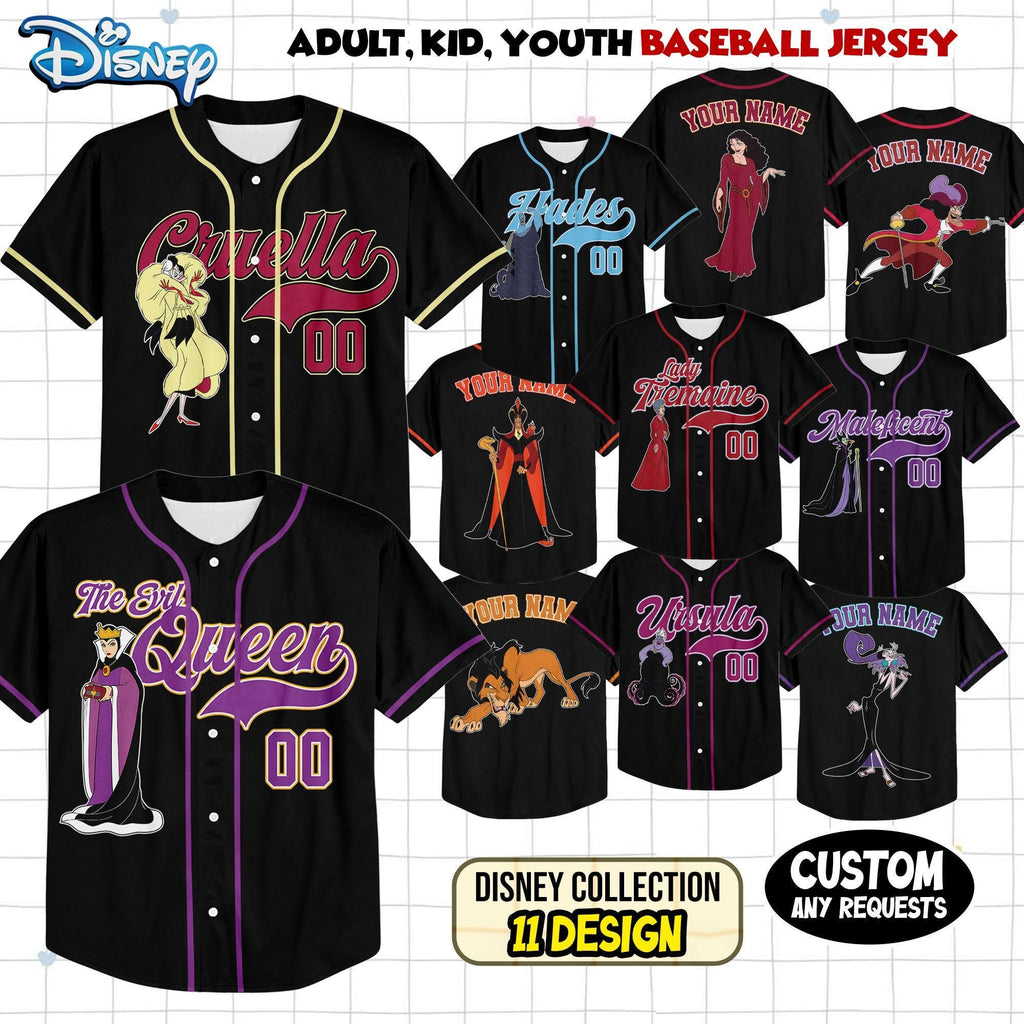 Custom Disney Villains Halloween Collection Baseball, Personalized Maleficent Evil Queen Ursula Cruella Baseball Jersey for Halloween Family