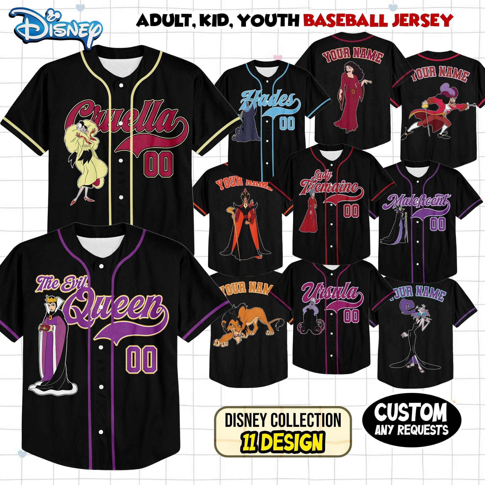 Custom Disney Villains Halloween Collection Baseball, Personalized Maleficent Evil Queen Ursula Cruella Baseball Jersey for Halloween Family