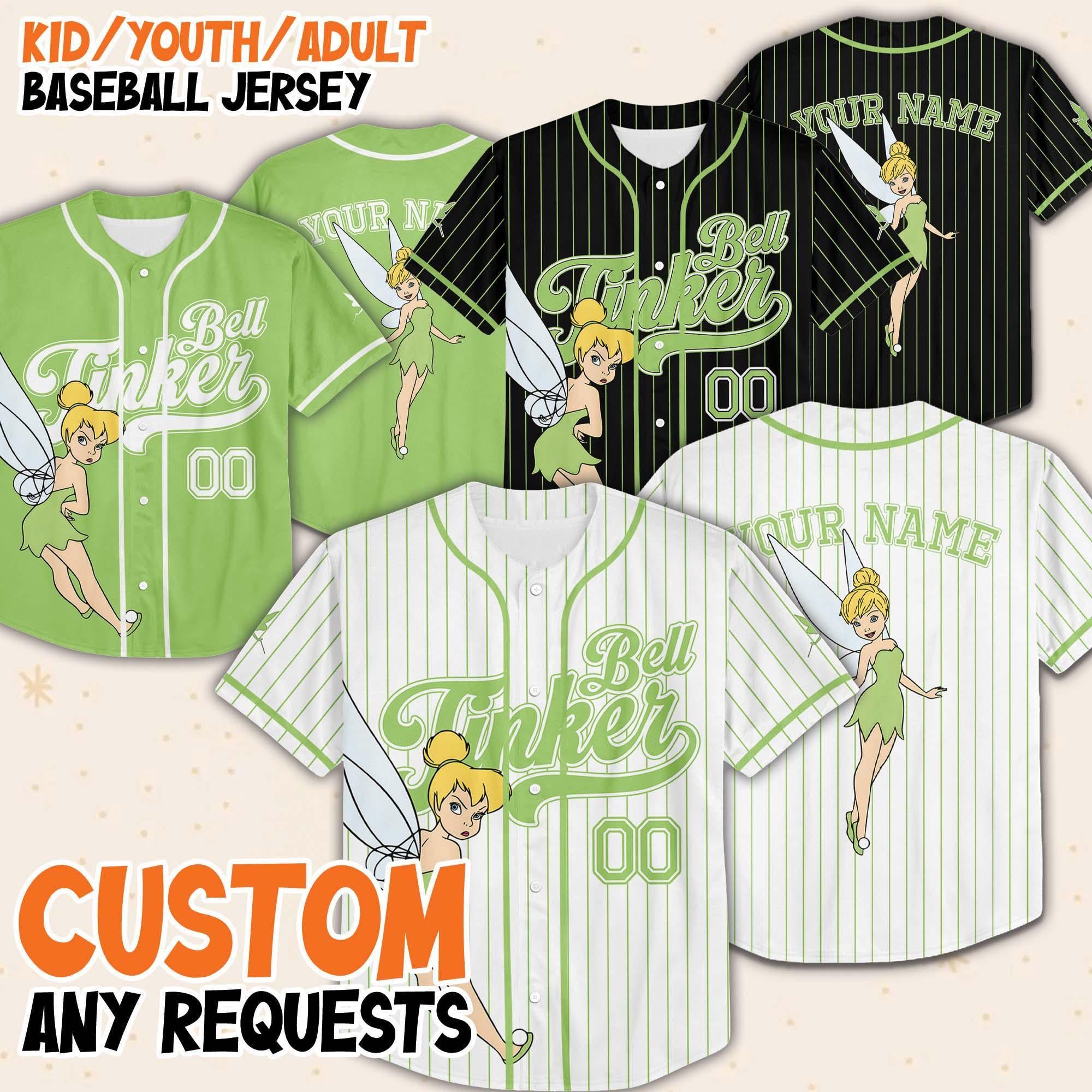 Custom Disney Tinkerbell Baseball Jersey, Kid Youth Adult Disney Jersey, Disney Princess Matching Game Day Baseball Jersey Outfit