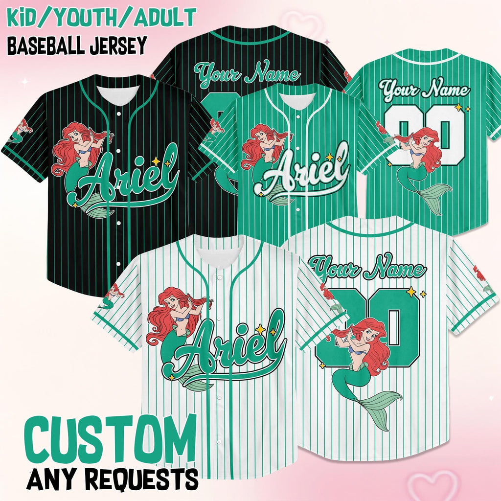 Custom Disney Princess Ariel Baseball Jersey, Disney Little Mermaid Baseball Jersey for Kids, Youth & Adults, Matching Disney Game Day