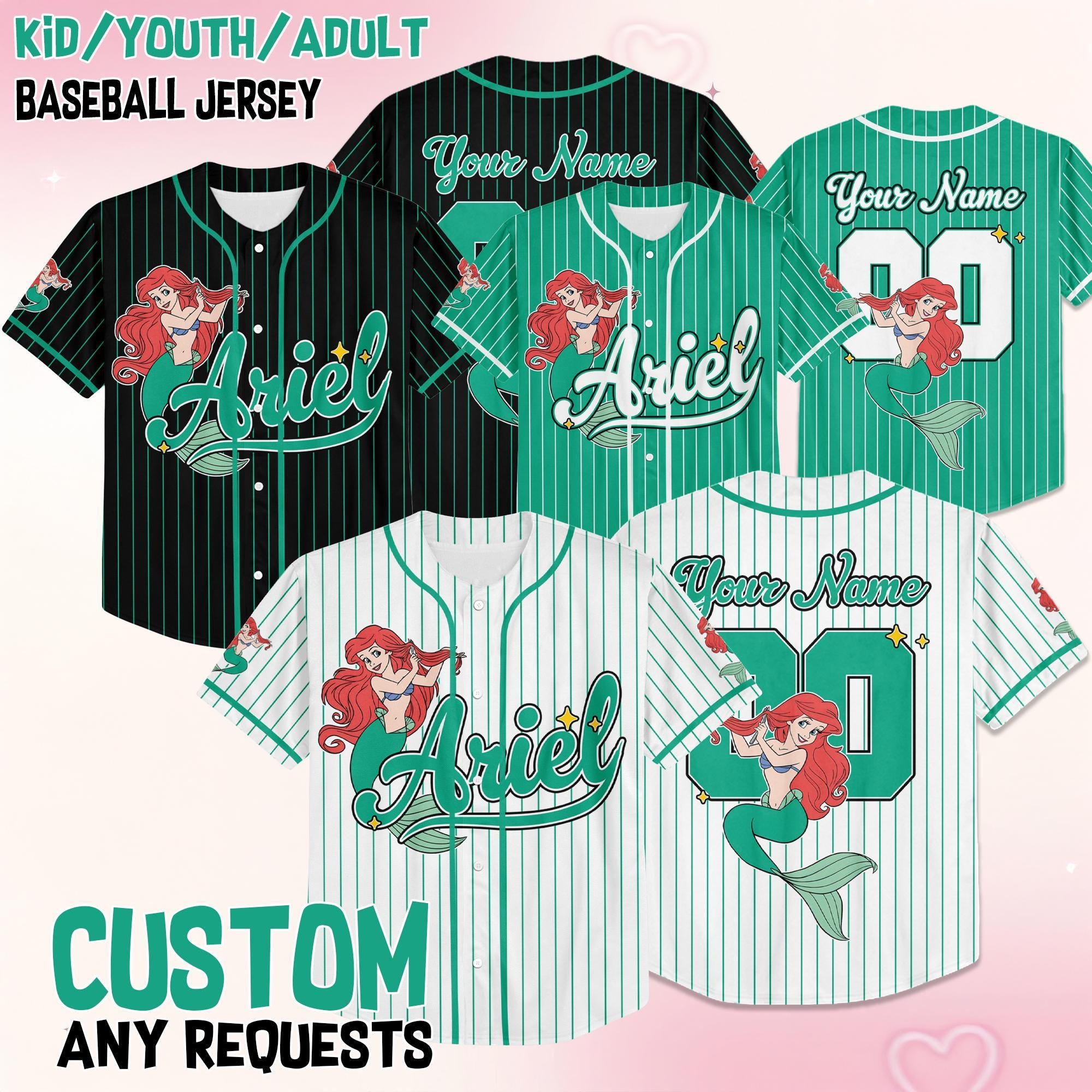 Custom Disney Princess Ariel Baseball Jersey, Disney Little Mermaid Baseball Jersey for Kids, Youth & Adults, Matching Disney Game Day