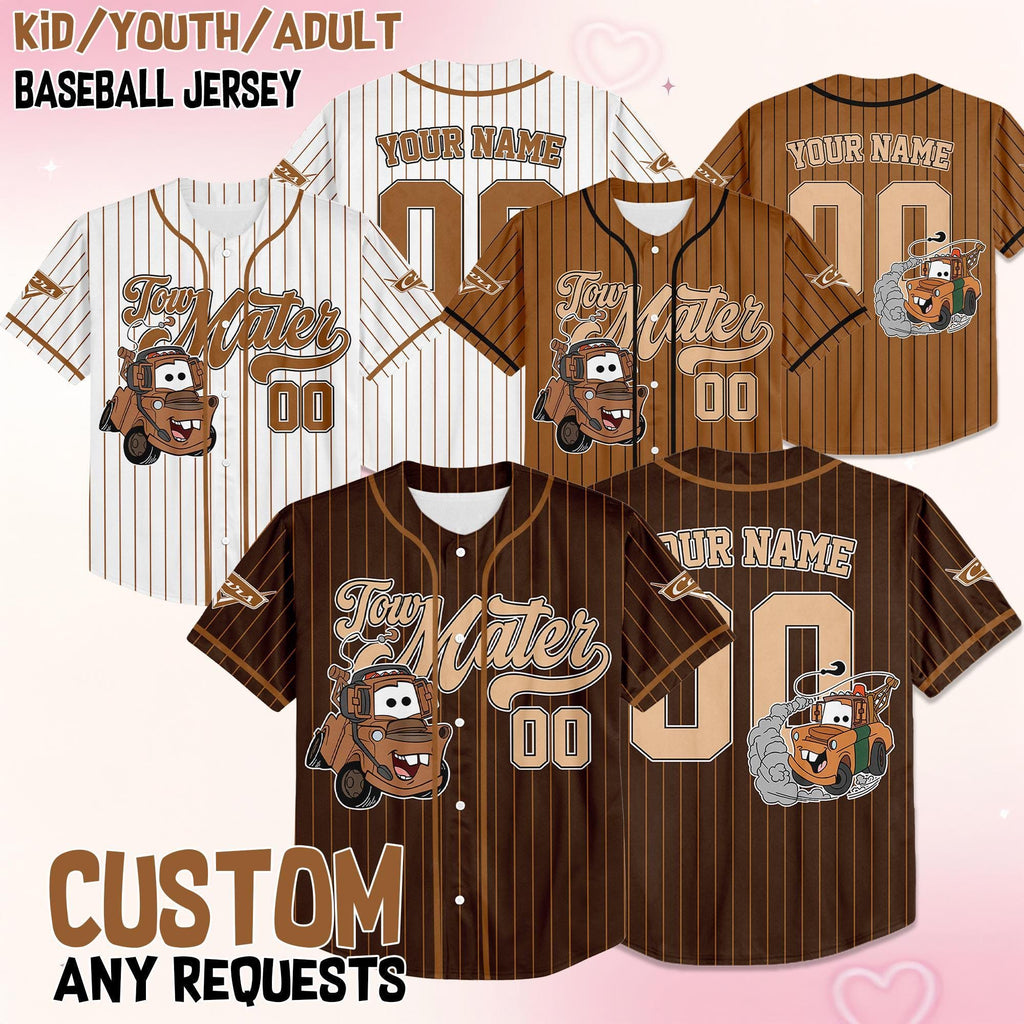 Personalized Disney Tow Mater Pixar Cars Baseball Jersey, Custom Disney Cars Tow Mater Jersey Shirt, Disney Cars Birthday Gift