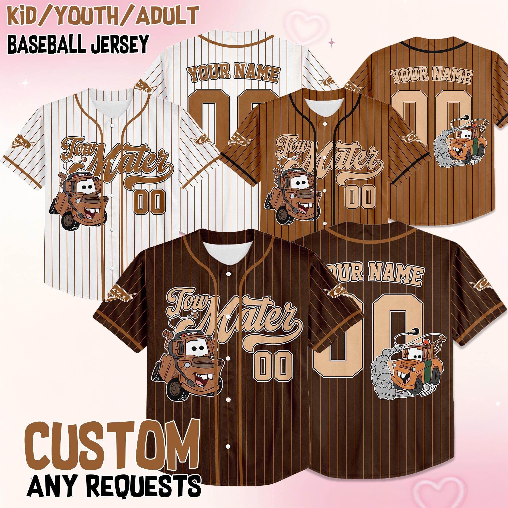 Personalized Disney Tow Mater Pixar Cars Baseball Jersey, Custom Disney Cars Tow Mater Jersey Shirt, Disney Cars Birthday Gift
