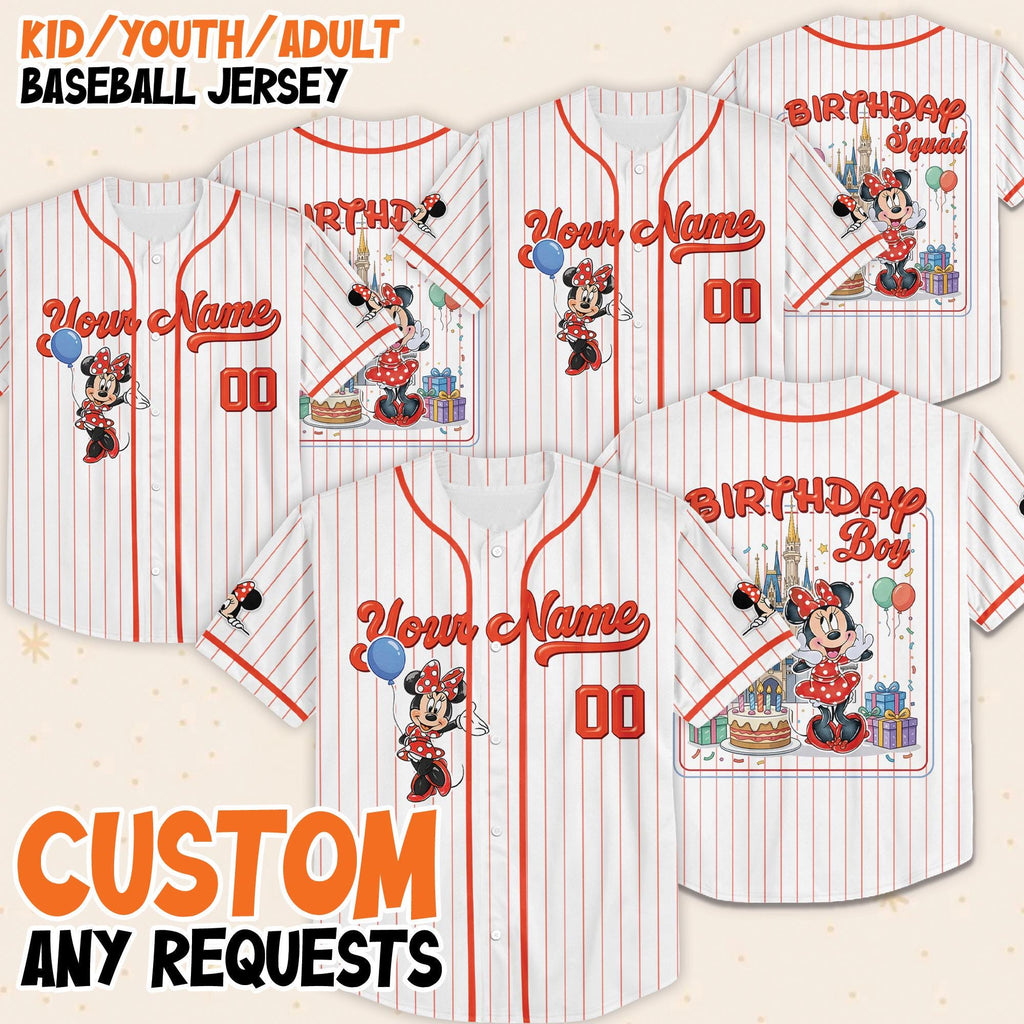 Custom Disney Minnie Mouse Birthday Collection Baseball Jersey, Disney Minnie Birthday Jersey, Disneyland Team Matching Outfit
