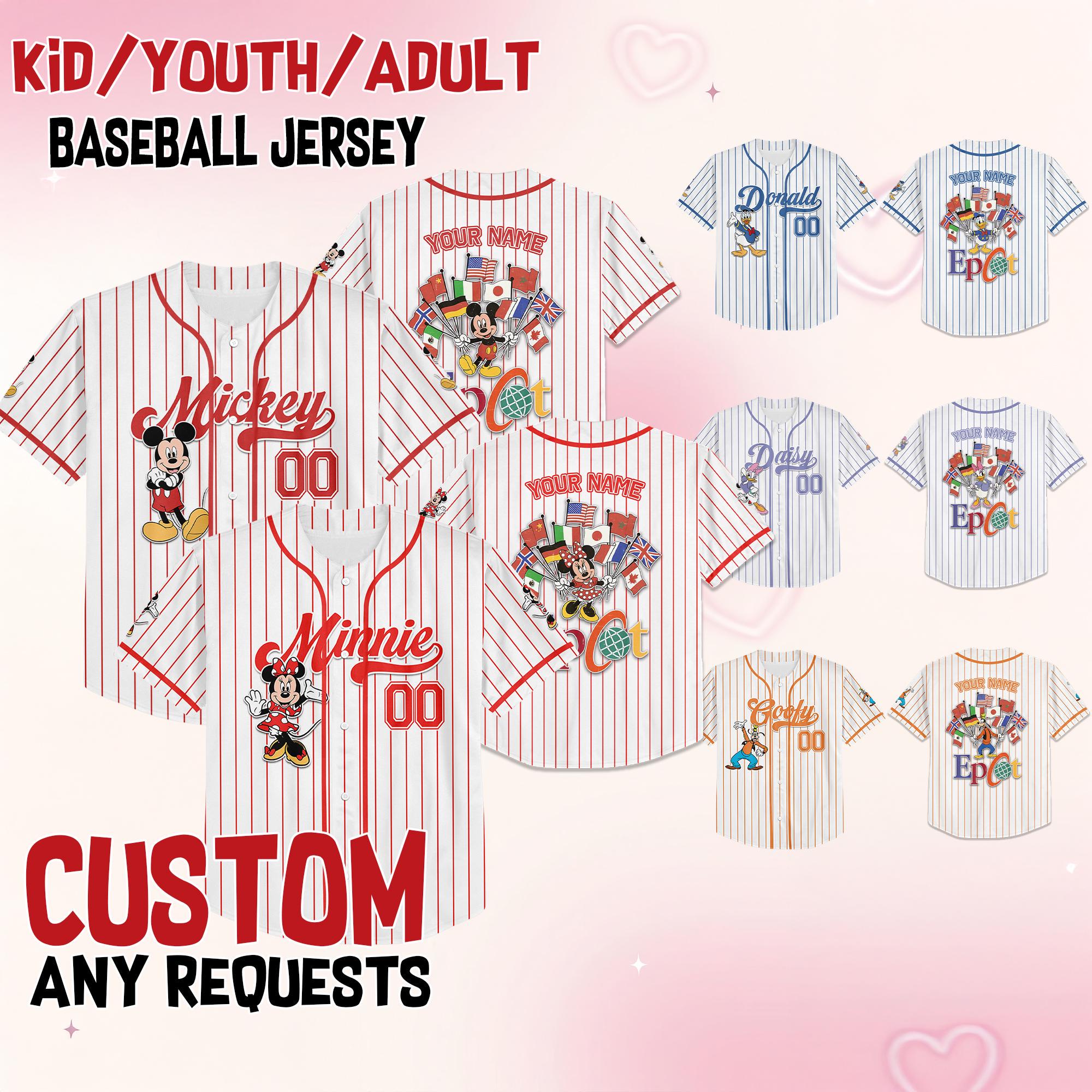 Custom Mickey and Friends Epcot World Tour Baseball Jersey, Mickey And Friends Holiday Vacation, Disneyland Family Trip Shirt
