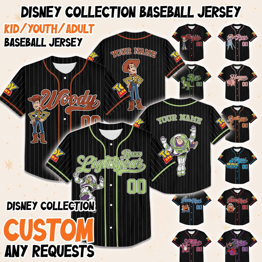 Custom Toy Story Disney Characters Baseball Jersey, Toy Story Movie Jersey, Toy Story and Friends Birthday Funny Jersey Gifts