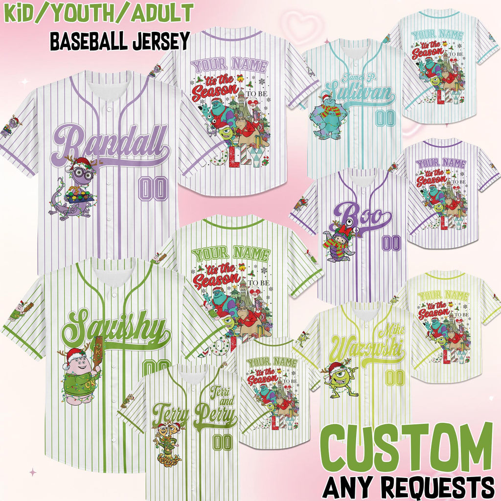 Custom Disney Monster Inc James Sullivan Cyan Christmas Baseball Jersey, Xmas Baseball Team Jersey, Birthday Gift for Monster Inc Family