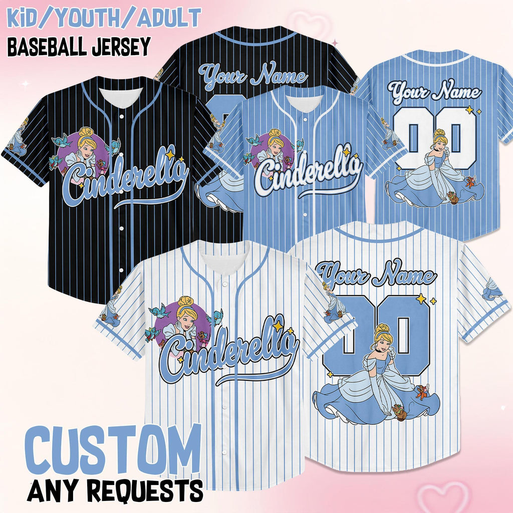 Custom Disney Cinderella Baseball Jersey, Disney Cinderella Baseball Jersey for Kids, Youth & Adults, Matching Disney Game Day