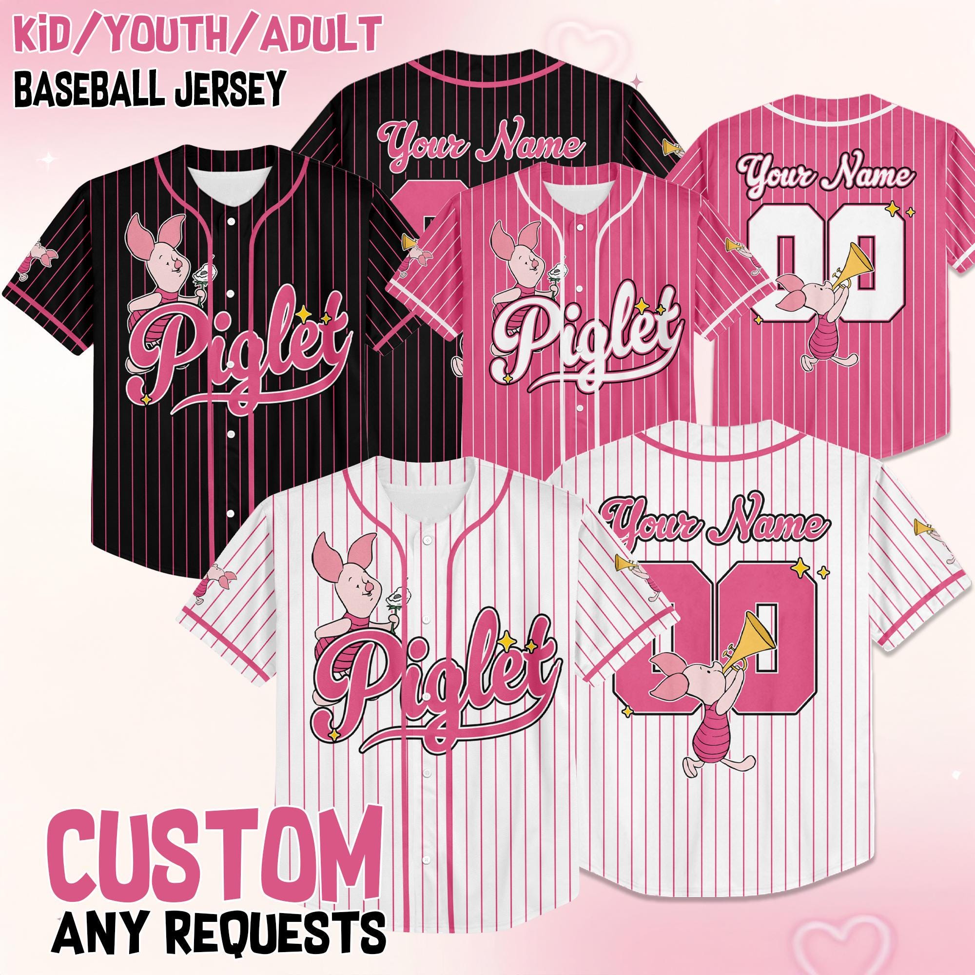Custom Piglet Collection Baseball Jersey, Disney Winnie the Pooh Character Jersey Shirt, Piglet Outfit, Gift for Disney Fans & Kids