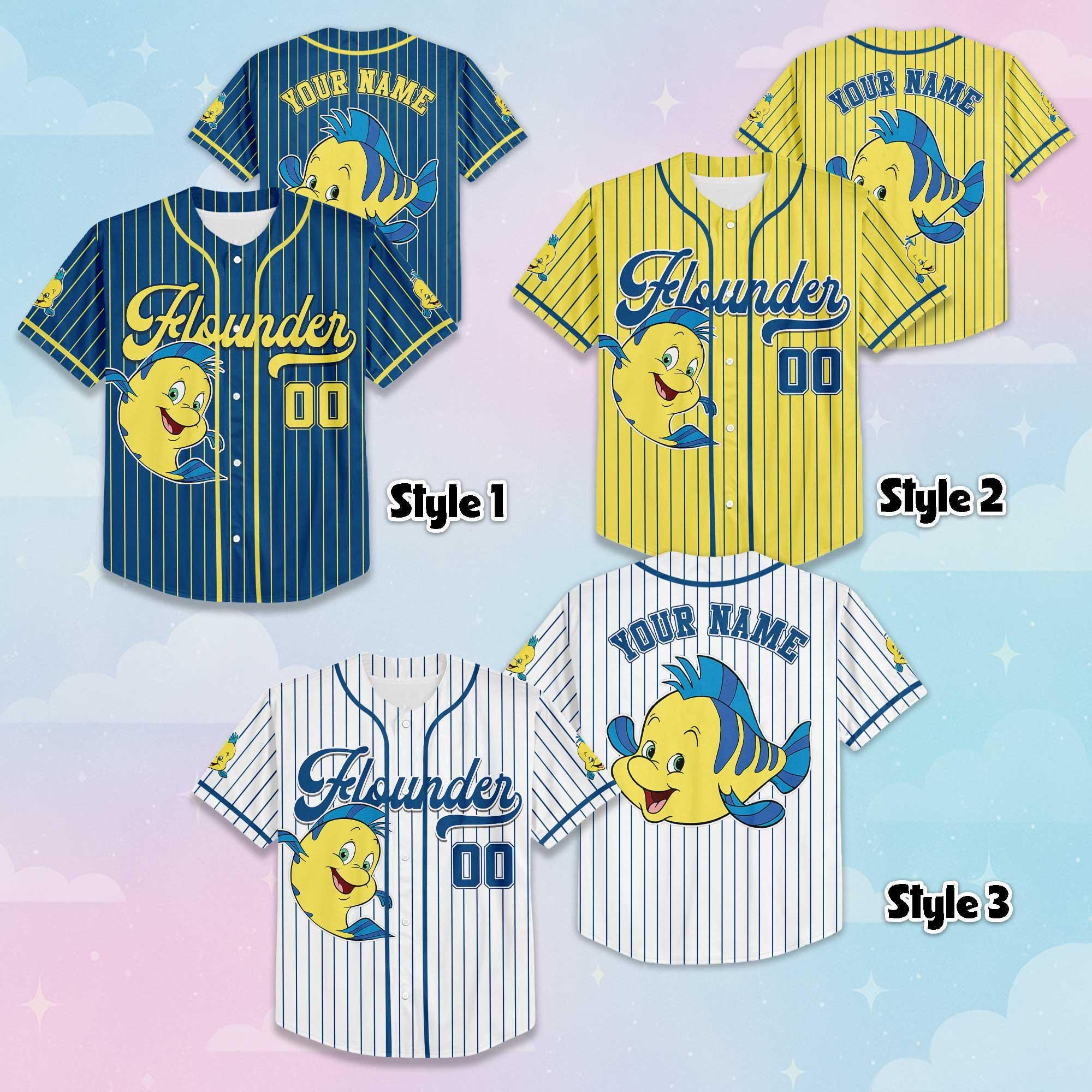 Custom Flounder Baseball Jersey, Disney The Little Mermaid Baseball Shirt, Matching Disney Trip Outfit, Disneyland Birthday Gift