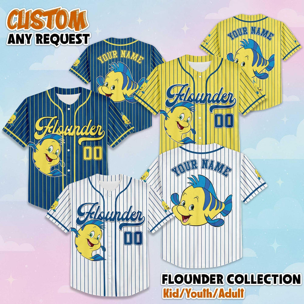 Custom Flounder Baseball Jersey, Disney The Little Mermaid Baseball Shirt, Matching Disney Trip Outfit, Disneyland Birthday Gift