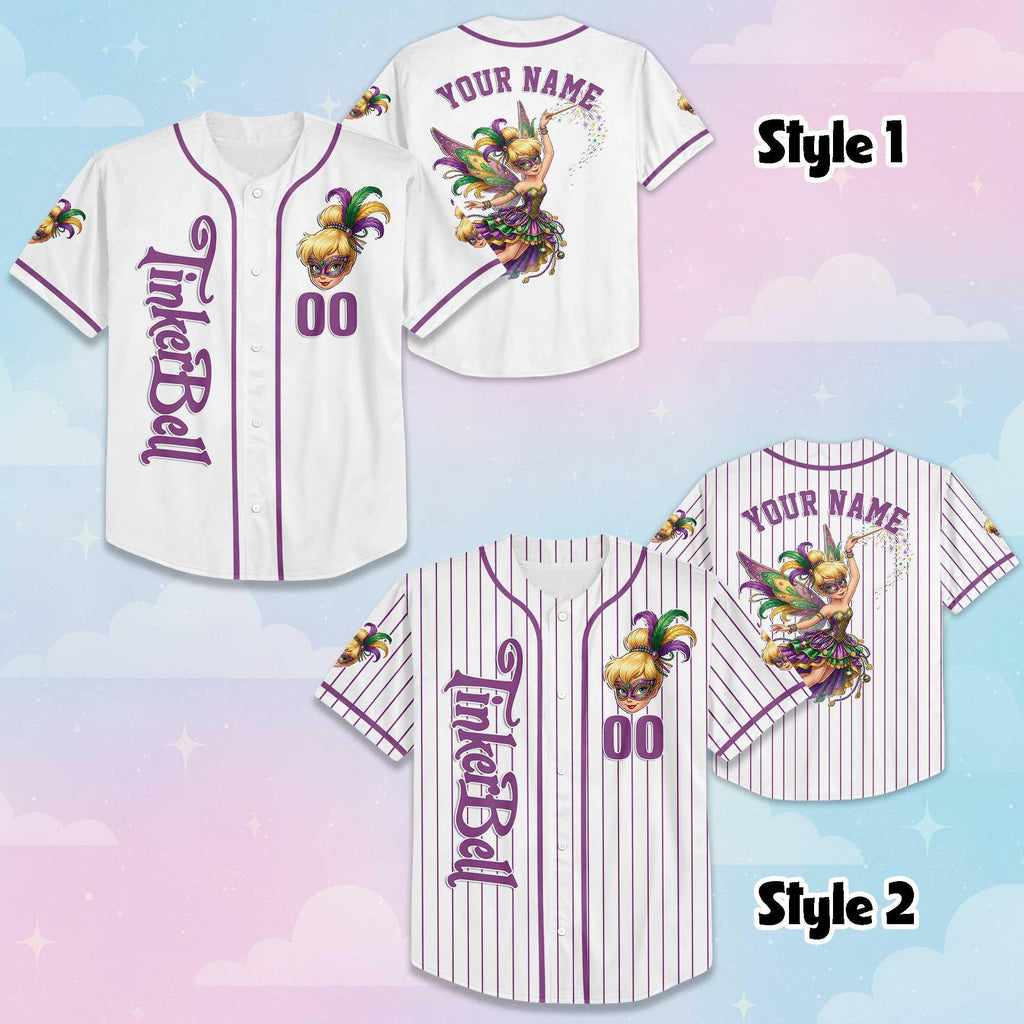 Custom Tinker Bell Mardi Gras Baseball Jersey, Personalized Disney Tinkerbell Jersey Shirt, Peter Pan Baseball Team Outfit, Birthday Gift