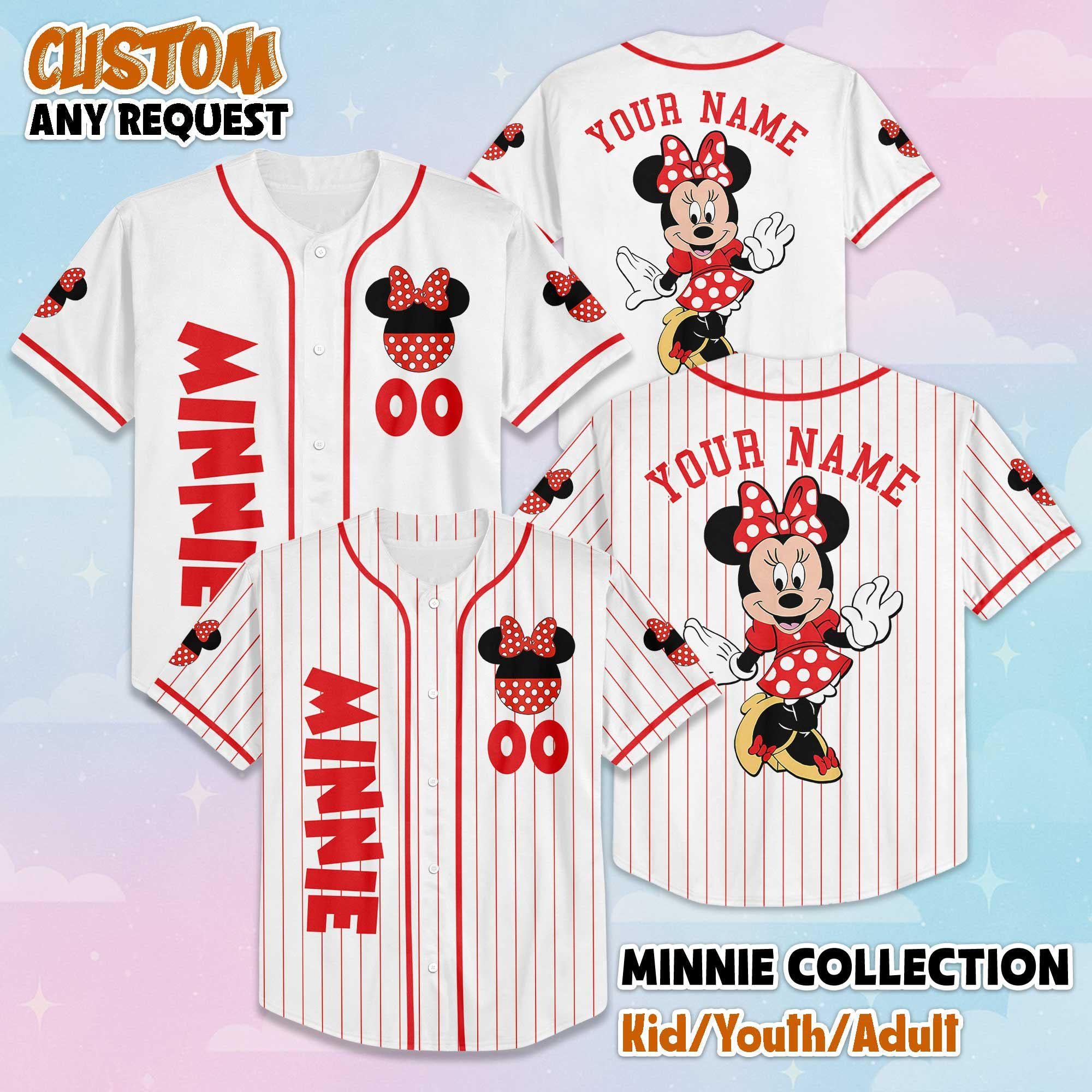 Custom Minnie Mouse Baseball Jersey, Disney Mickey and Friends Jersey for Disney Fans, Disneyland Birthday Gift