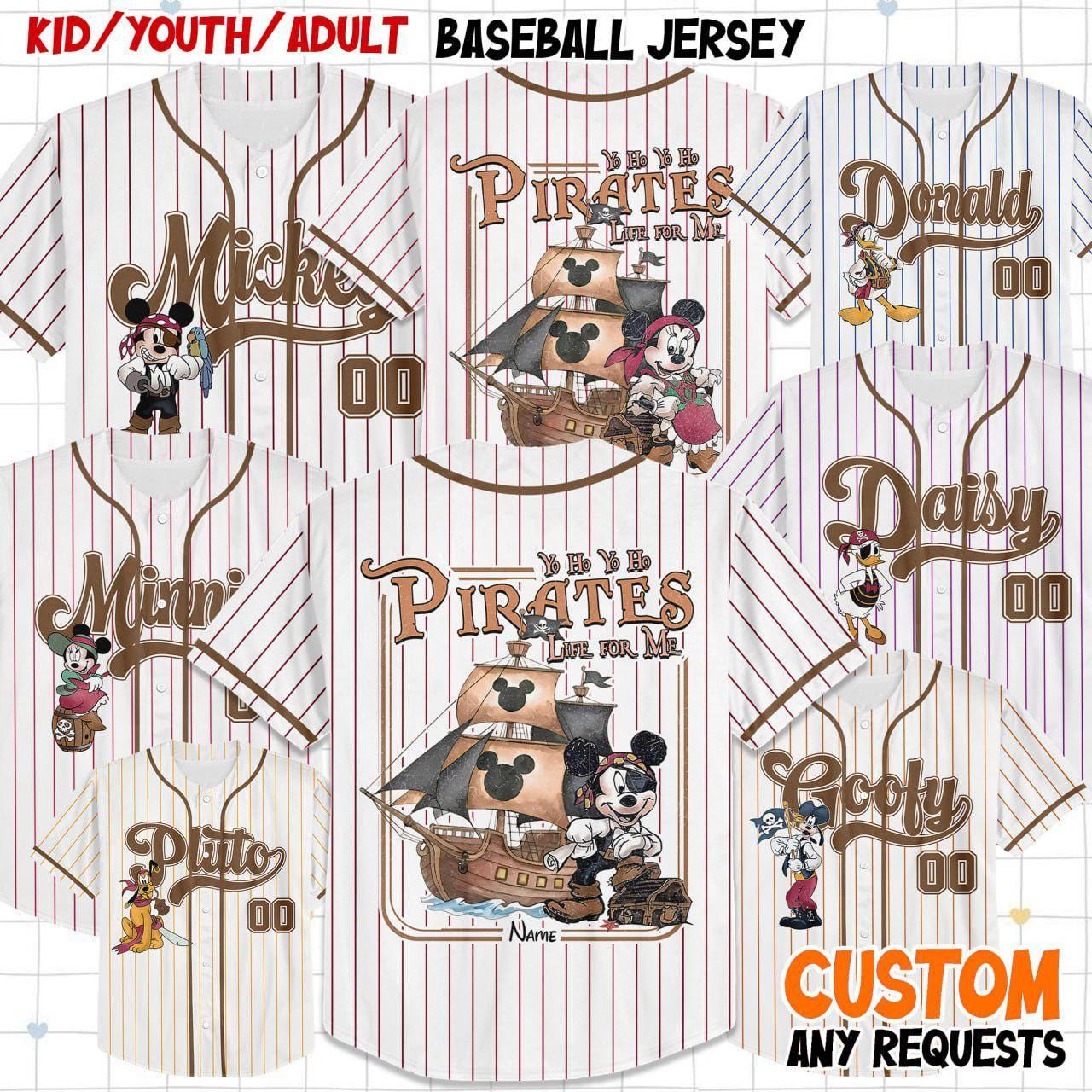 Custom Disney Pirate Crew Mickey & Friends Pirate Simple Stripe, Custom Kids, Youth, Adult Baseball Jersey Sports Outfits For Fans Disney