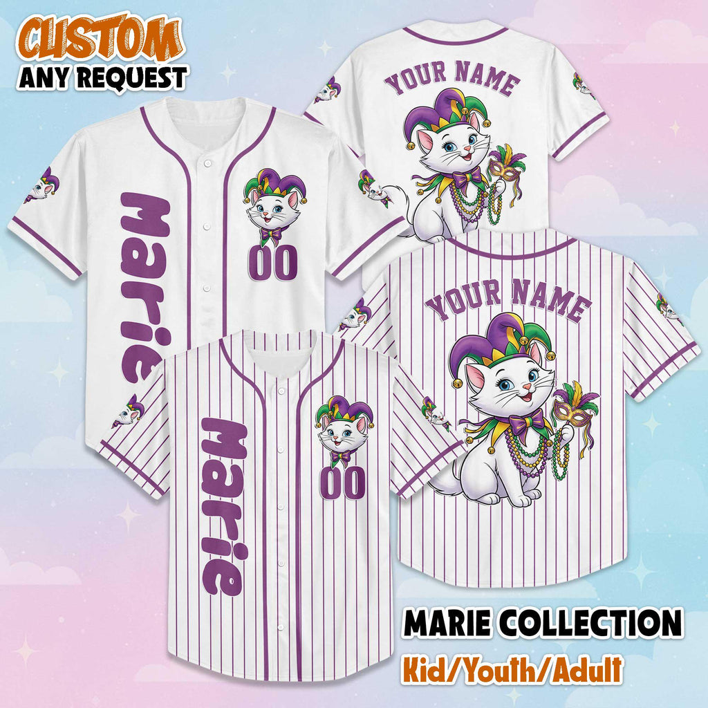 Custom Marie Cat Mardi Gras Baseball Jersey, Personalized Disney Marie Cat Jersey, Disney Jersey for Fans