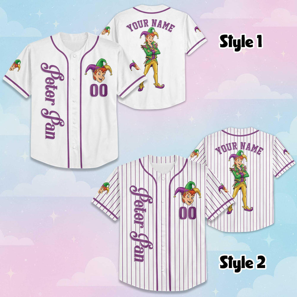 Custom Peter Pan Mardi Gras Baseball Jersey, Personalized Disney Peter Pan Jersey, Adult Disney Baseball Jersey, Gifts For Fans Disney