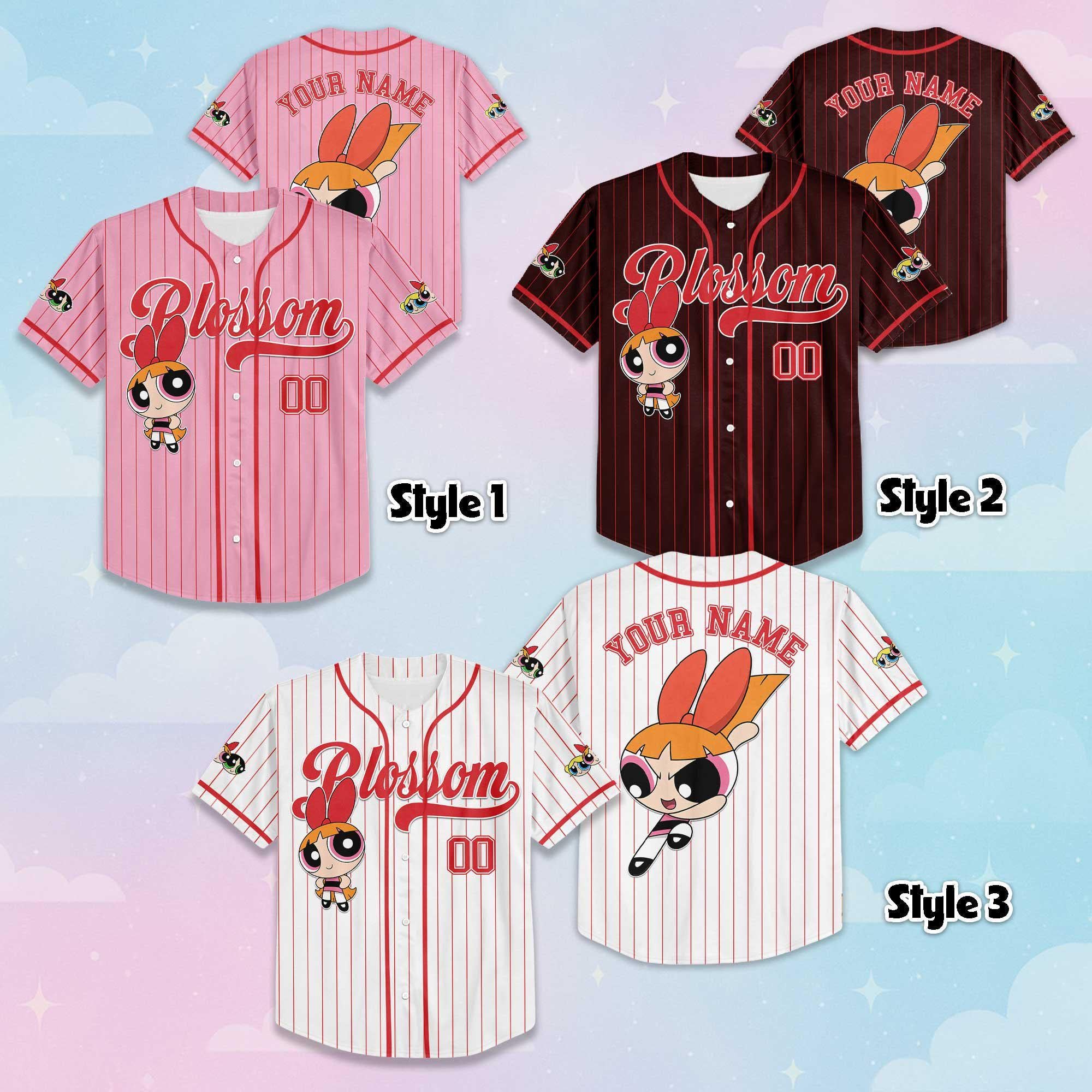 Personalized Blossom Baseball Jersey, Custom The Powerpuff Girls Jersey Shirt, Funny Cartoon Vintage 90s Shirt, Gift For Fans