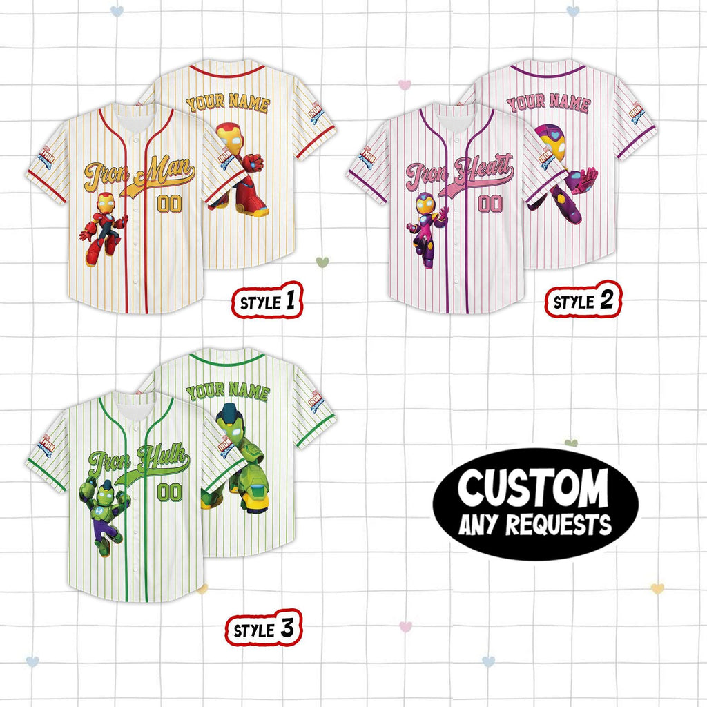 Personalized Disney Marvel Iron Man and His Awesome Friends Baseball Jersey, Superhero Iron Man Ironheart Iron Hulk Birthday Boy/Girl Tee