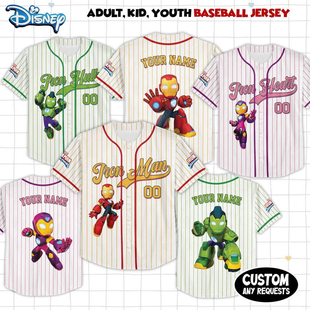 Personalized Disney Marvel Iron Man and His Awesome Friends Baseball Jersey, Superhero Iron Man Ironheart Iron Hulk Birthday Boy/Girl Tee