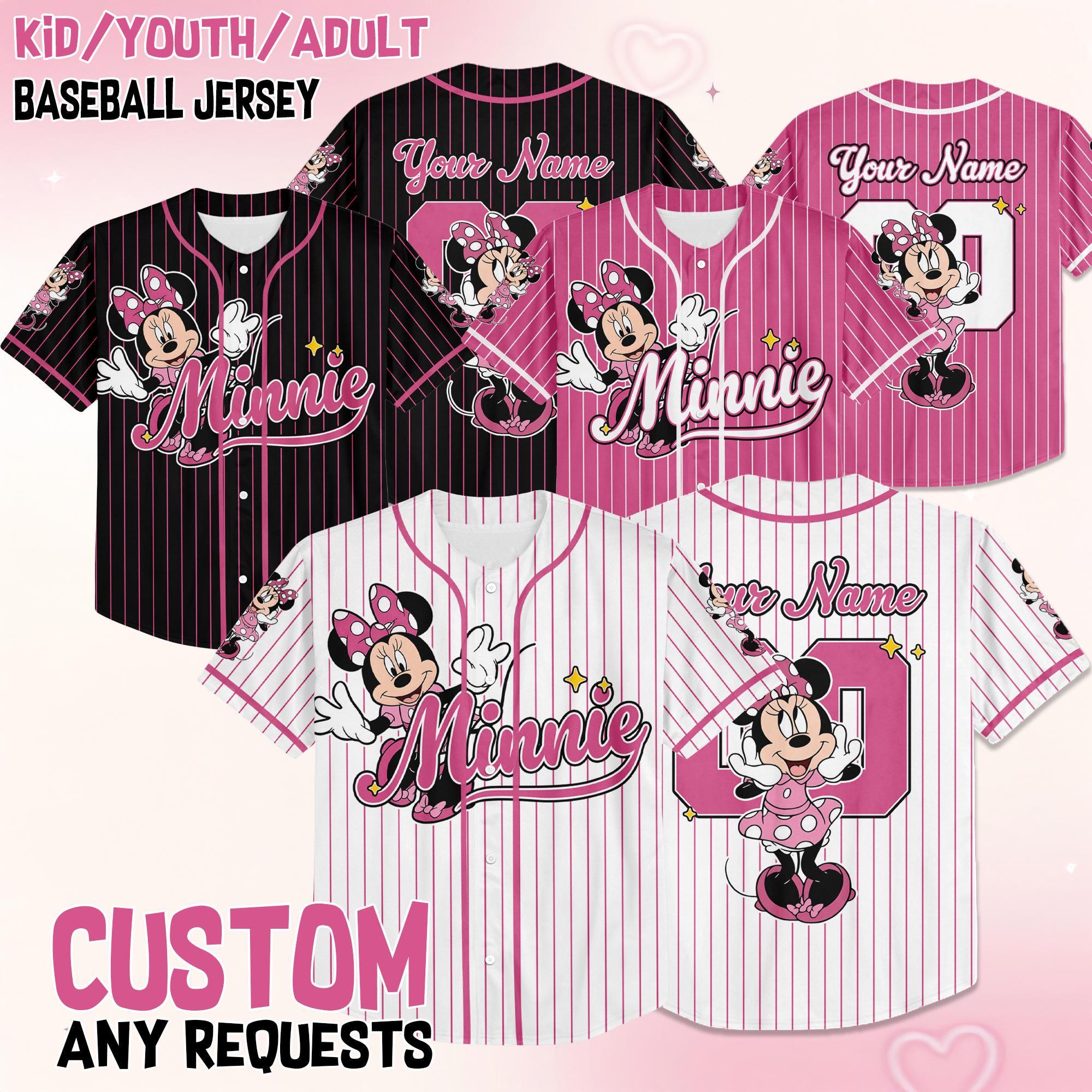 Custom Disney Minnie Mouse Collection Baseball Jersey, Disney Minnie Mouse Jersey, Disneyland Baseball Team Matching Outfit, Birthday Gift