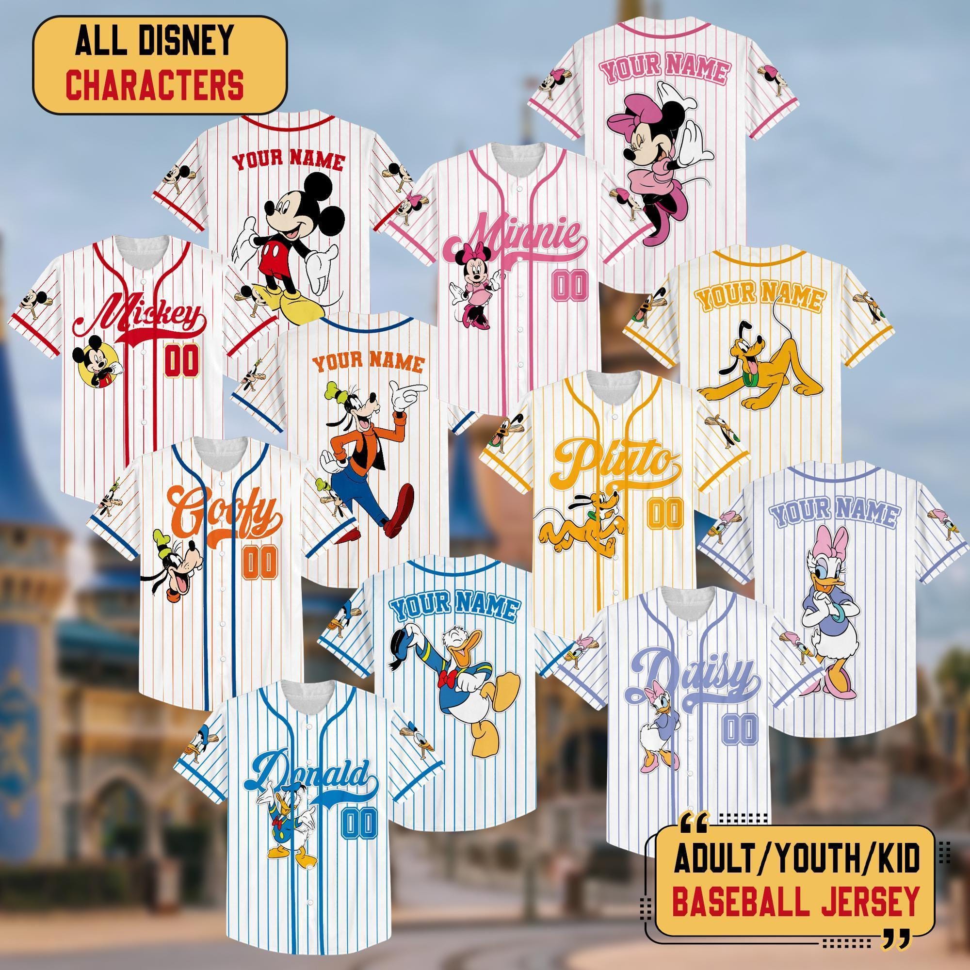 Personalize Disney Mickey & Friends Cute Striped White, Custom Disneyland Jersey, Baseball Team, Mickey Mouse Birthday, Gift for Disney Fans