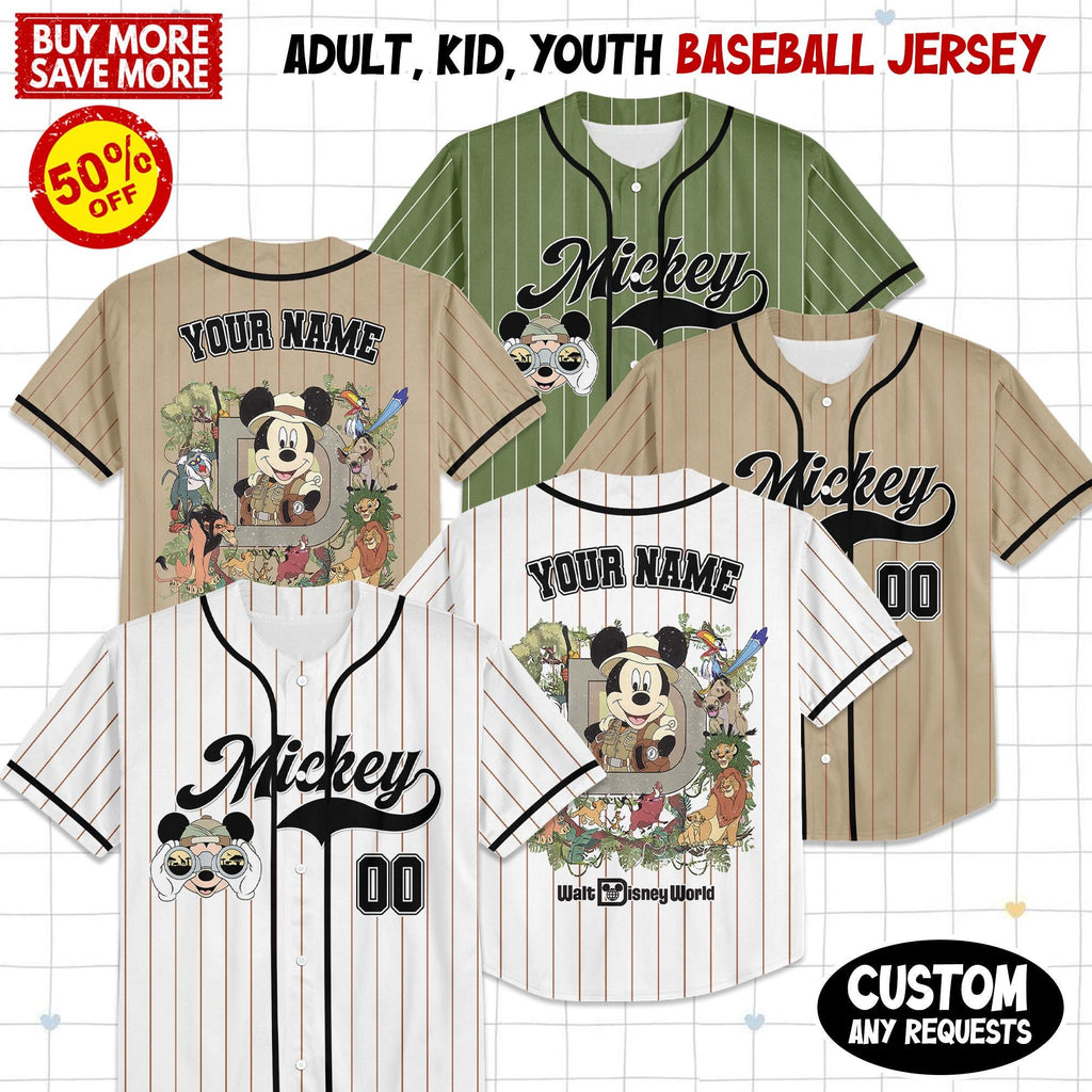 Custom Disney Mickey Mouse Safari Baseball Jersey, Custom Disney Animal Kingdom Mickey&Friends Jersey, Disneyland Safari Family Trip Jersey