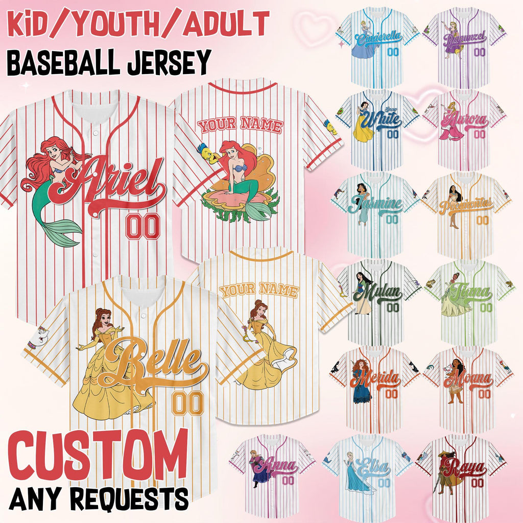 Custom Disney Princess Collection Baseball Jersey, Disney Game Day Kid Adult Jersey, Gift For Baseball Fan, Disney Princess Matching Gift