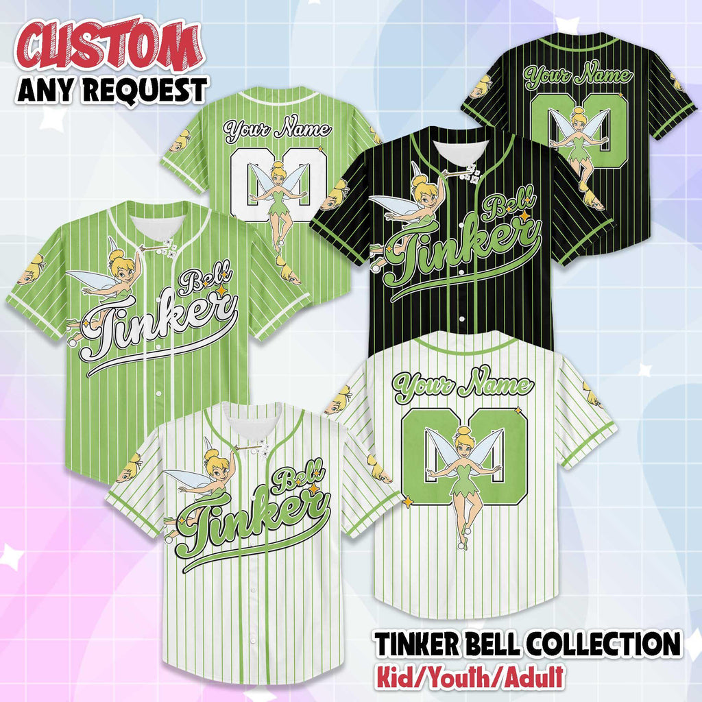 Custom Tinker Bell Collection Baseball Jersey, Disney Tinkerbell Jersey Shirt, Peter Pan Baseball Team Outfit, Birthday Gift