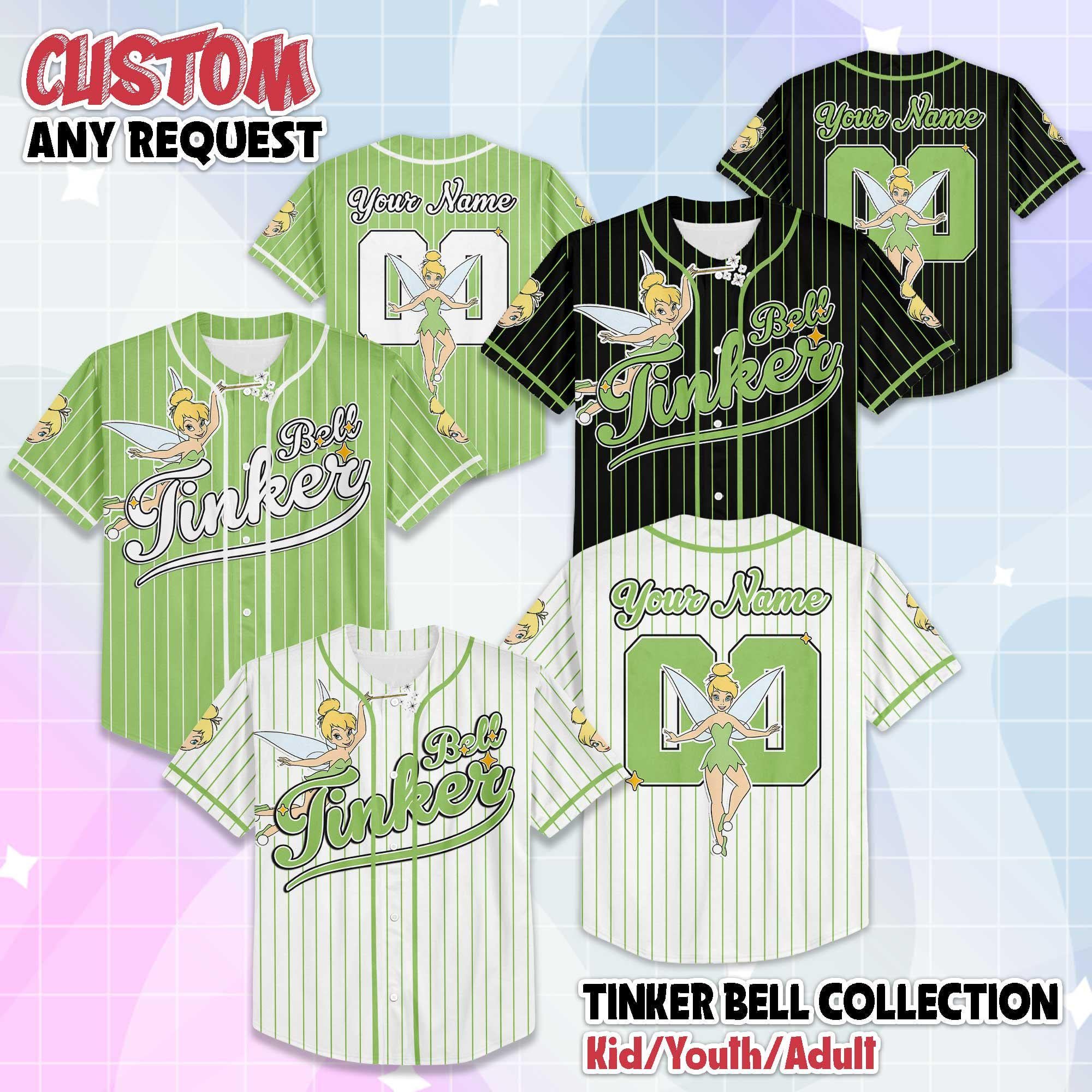 Custom Tinker Bell Collection Baseball Jersey, Disney Tinkerbell Jersey Shirt, Peter Pan Baseball Team Outfit, Birthday Gift
