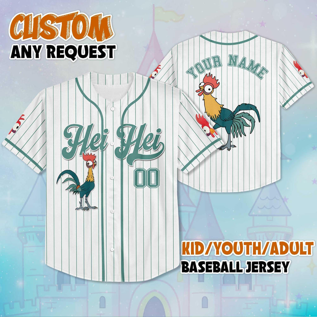 Personalized Hei Hei Moana Baseball Jersey, Custom Hei Hei Jersey for Disney Fans, Disneyland Birthday Gift, Disney Baseball Team Outfit