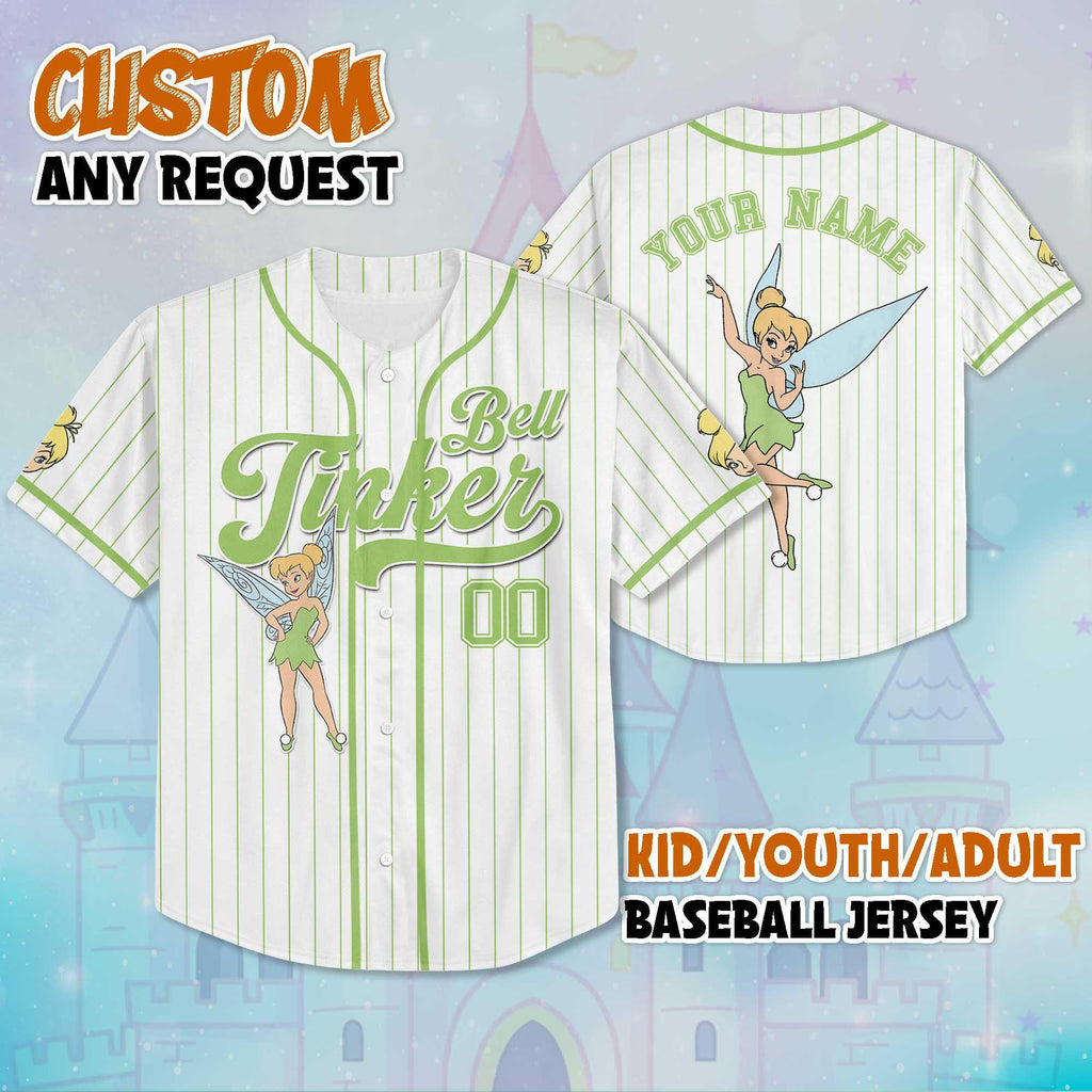 Personalized Tinker Bell Baseball Jersey, Disney Tinker Bell Jersey, Adult Disney Baseball Jersey Sports Cute Gifts For Fans Disney