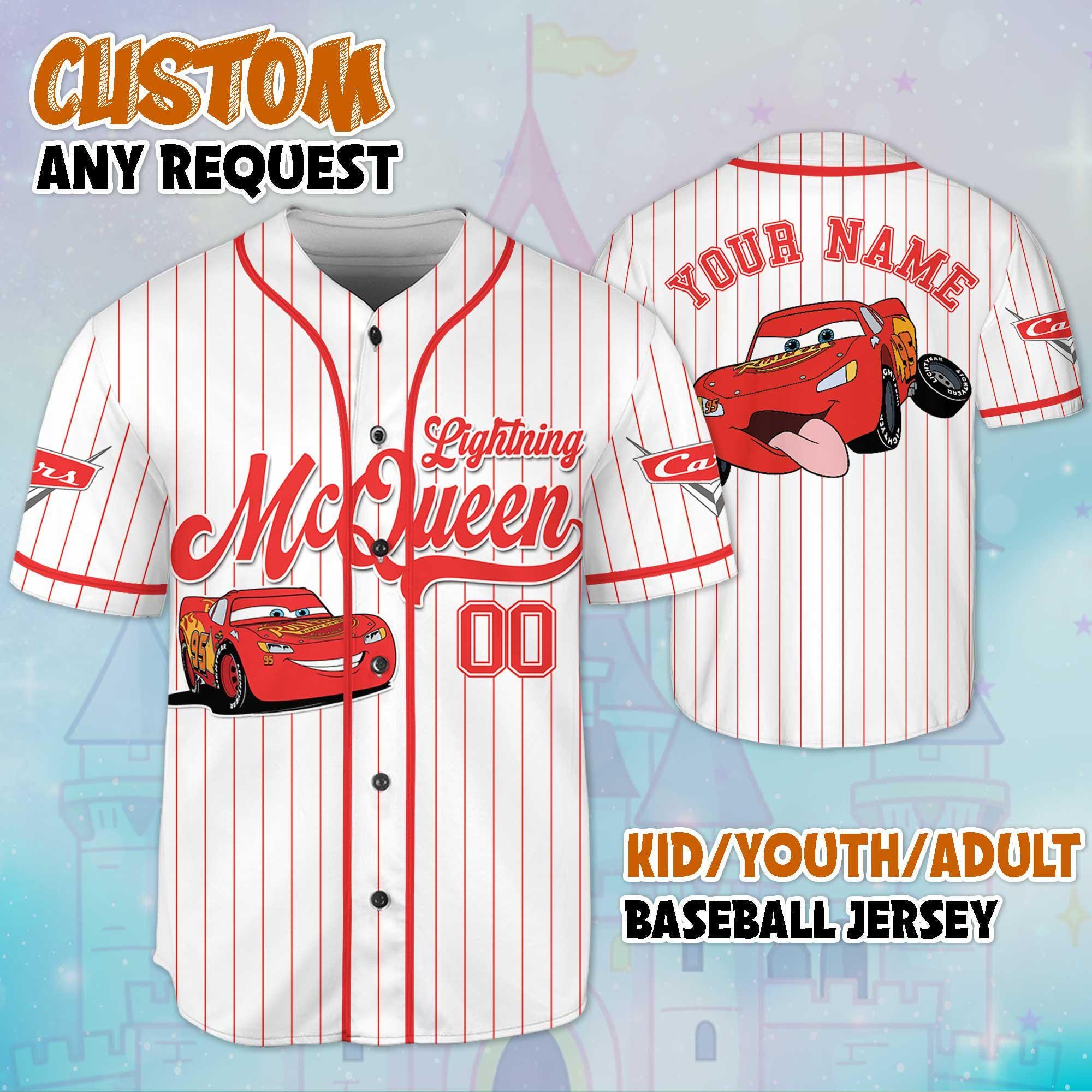 Personalized Lightning McQueen Baseball Jersey, Custom Disney Cars Sports Jersey for Disney Fans, Unique Disneyland Birthday Gift