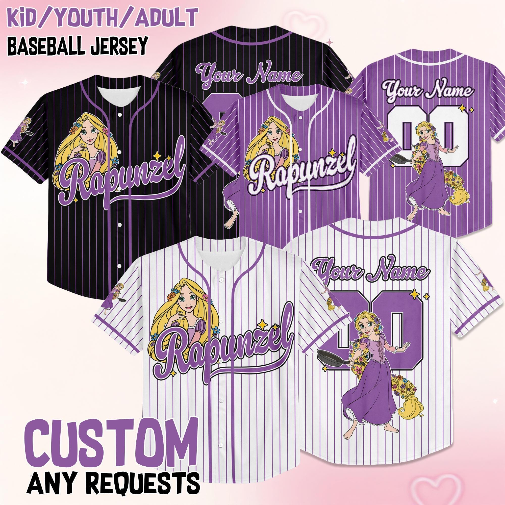 Custom Disney Princess Rapunzel Baseball Jersey, Disney Tangled Baseball Jersey for Kids, Youth & Adults, Matching Disney Game Day
